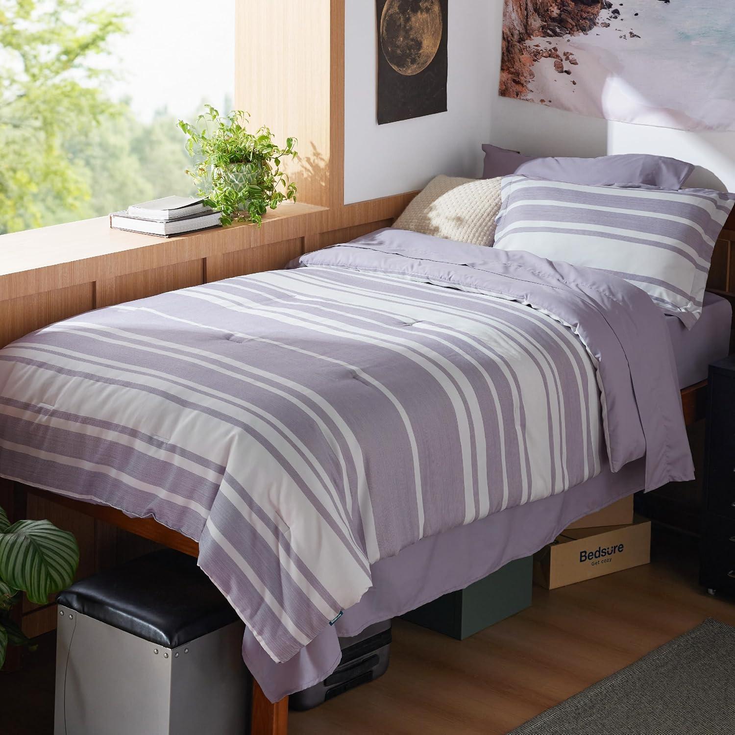 imageBedsure Queen Comforter Set 7 Pieces Grey Striped Bedding Set for All Seasons Reversible Cationic Dyeing Bed in a Bag with Comforter Sheets Pillowcases ampamp Shams09 Purple