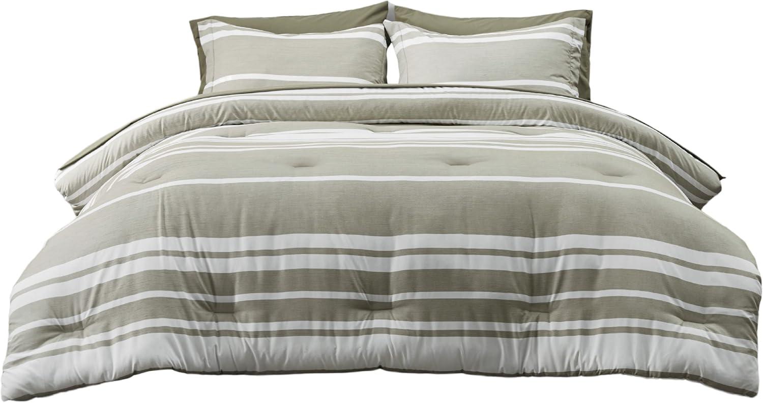 imageBedsure Queen Comforter Set 7 Pieces Grey Striped Bedding Set for All Seasons Reversible Cationic Dyeing Bed in a Bag with Comforter Sheets Pillowcases ampamp Shams04 Olive Green