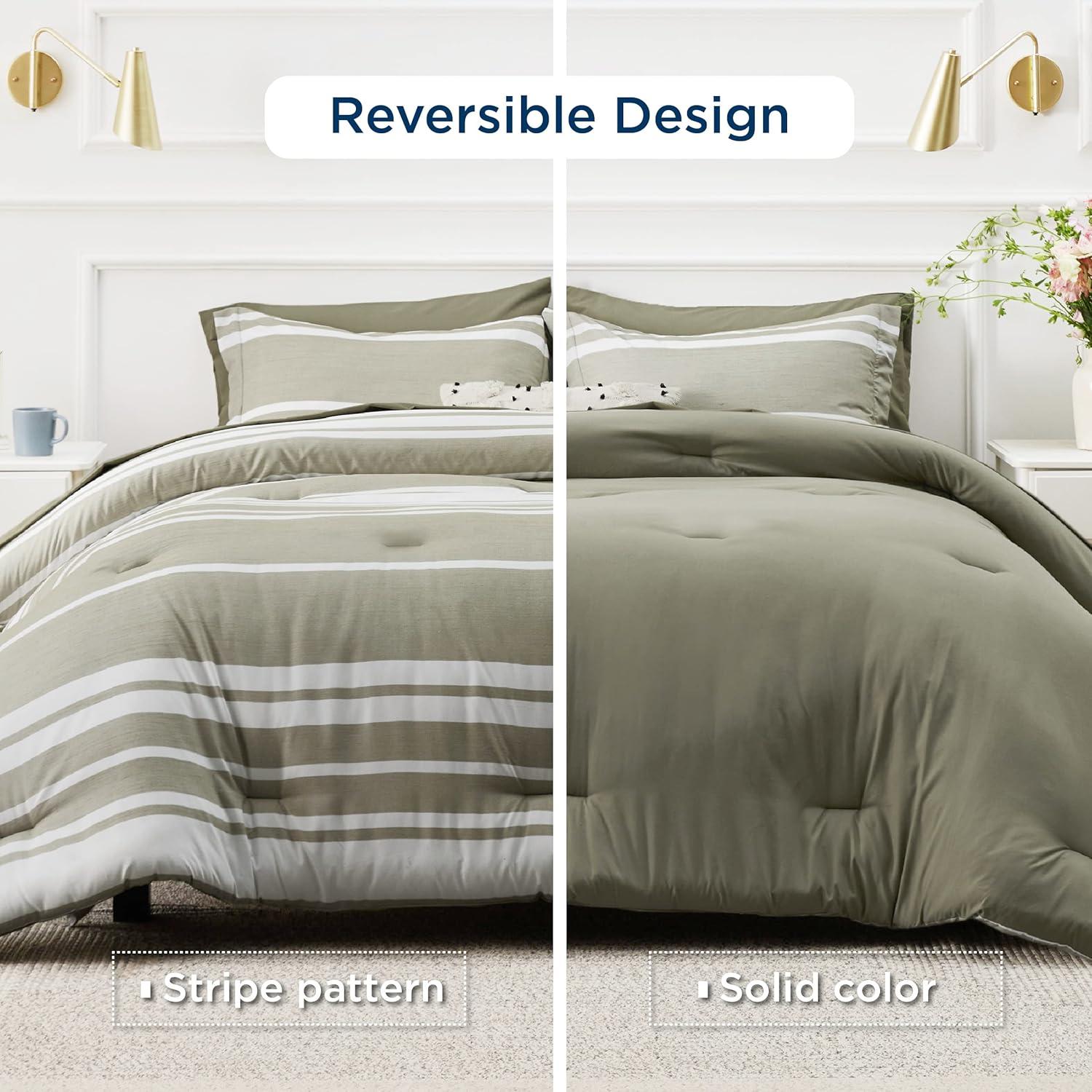 imageBedsure Queen Comforter Set 7 Pieces Grey Striped Bedding Set for All Seasons Reversible Cationic Dyeing Bed in a Bag with Comforter Sheets Pillowcases ampamp Shams04 Olive Green