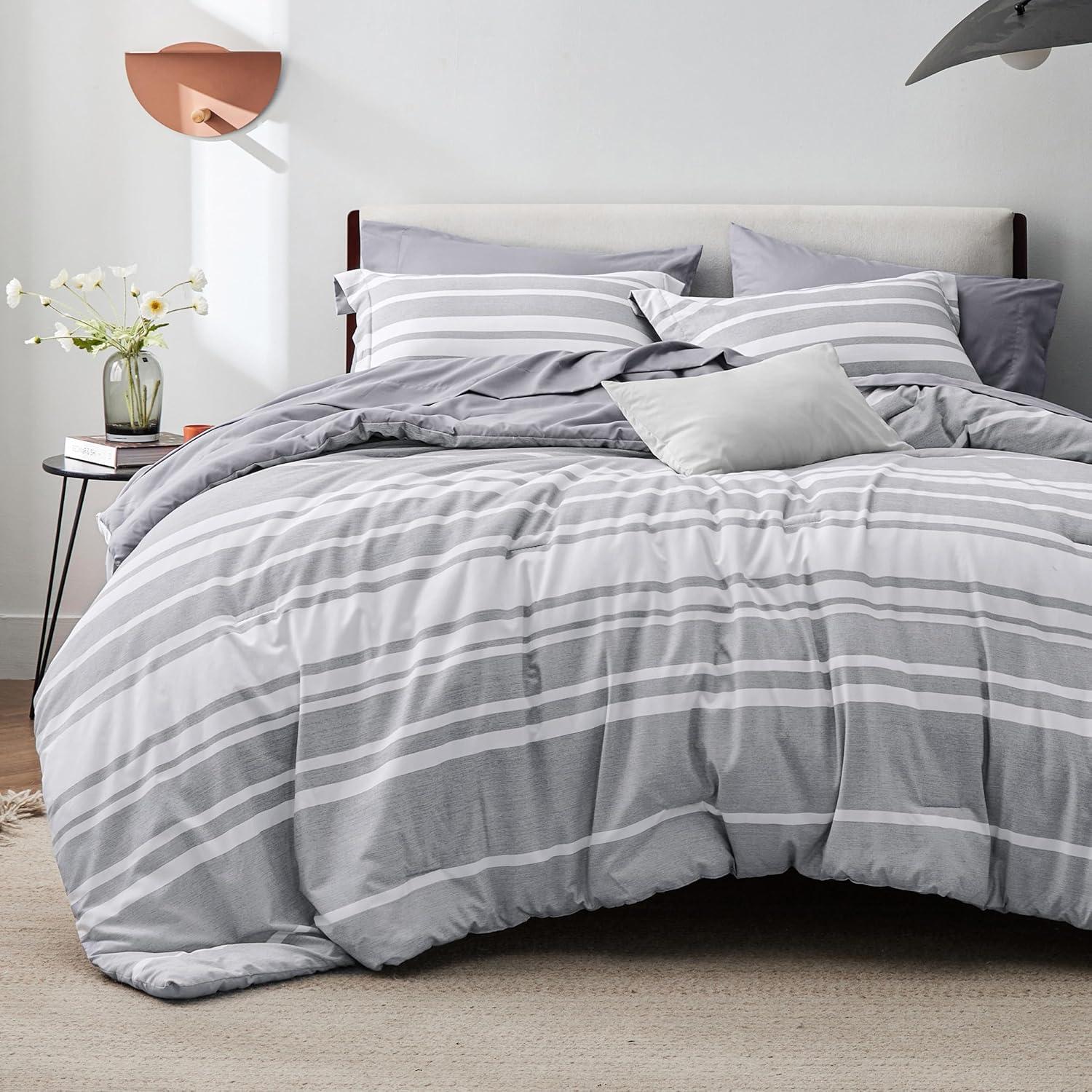 imageBedsure Queen Comforter Set 7 Pieces Grey Striped Bedding Set for All Seasons Reversible Cationic Dyeing Bed in a Bag with Comforter Sheets Pillowcases ampamp Shams01 Grey