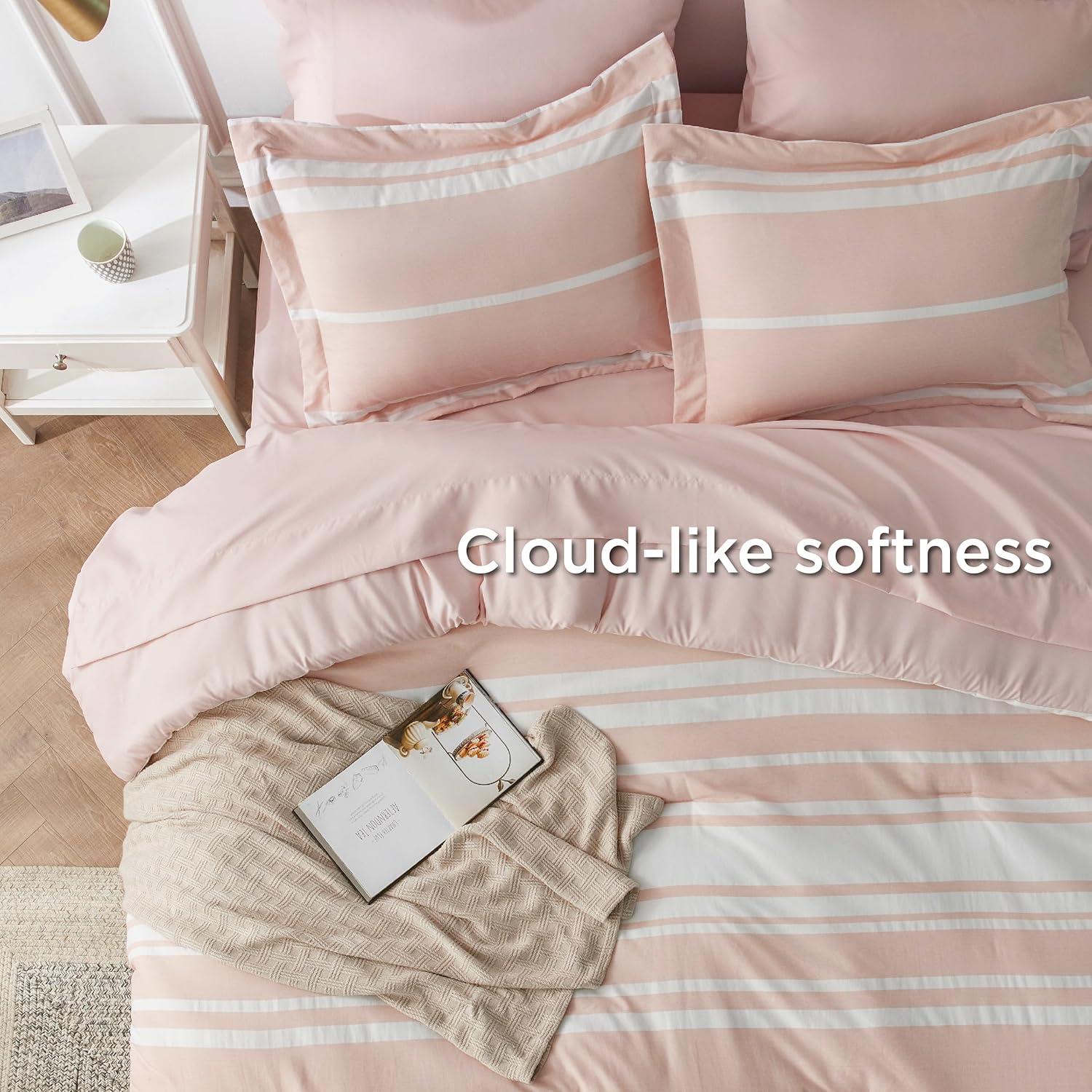 imageBedsure Queen Comforter Set 7 Pieces Grey Striped Bedding Set for All Seasons Reversible Cationic Dyeing Bed in a Bag with Comforter Sheets Pillowcases ampamp Shams15 Light Pink