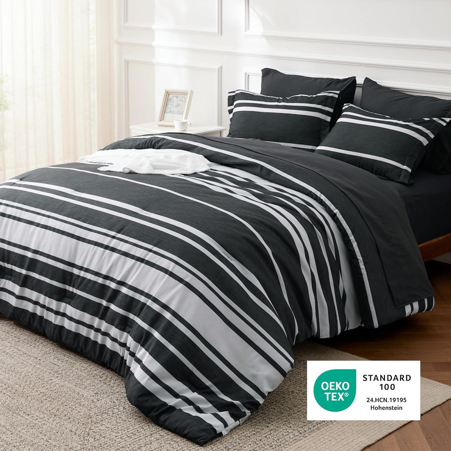 imageBedsure Queen Comforter Set 7 Pieces Grey Striped Bedding Set for All Seasons Reversible Cationic Dyeing Bed in a Bag with Comforter Sheets Pillowcases ampamp Shams07 Black