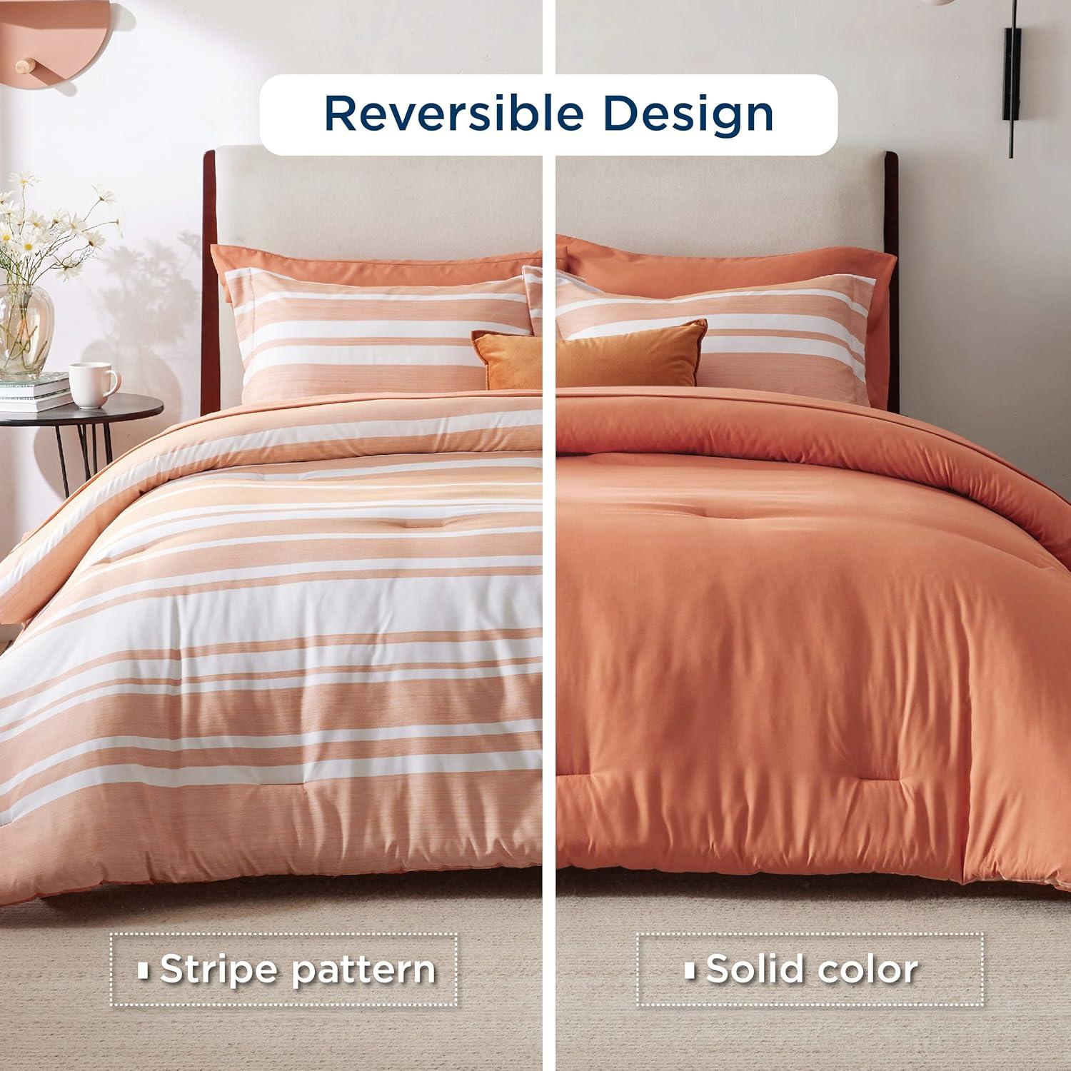 imageBedsure Queen Comforter Set 7 Pieces Grey Striped Bedding Set for All Seasons Reversible Cationic Dyeing Bed in a Bag with Comforter Sheets Pillowcases ampamp Shams12 Burnt Orange