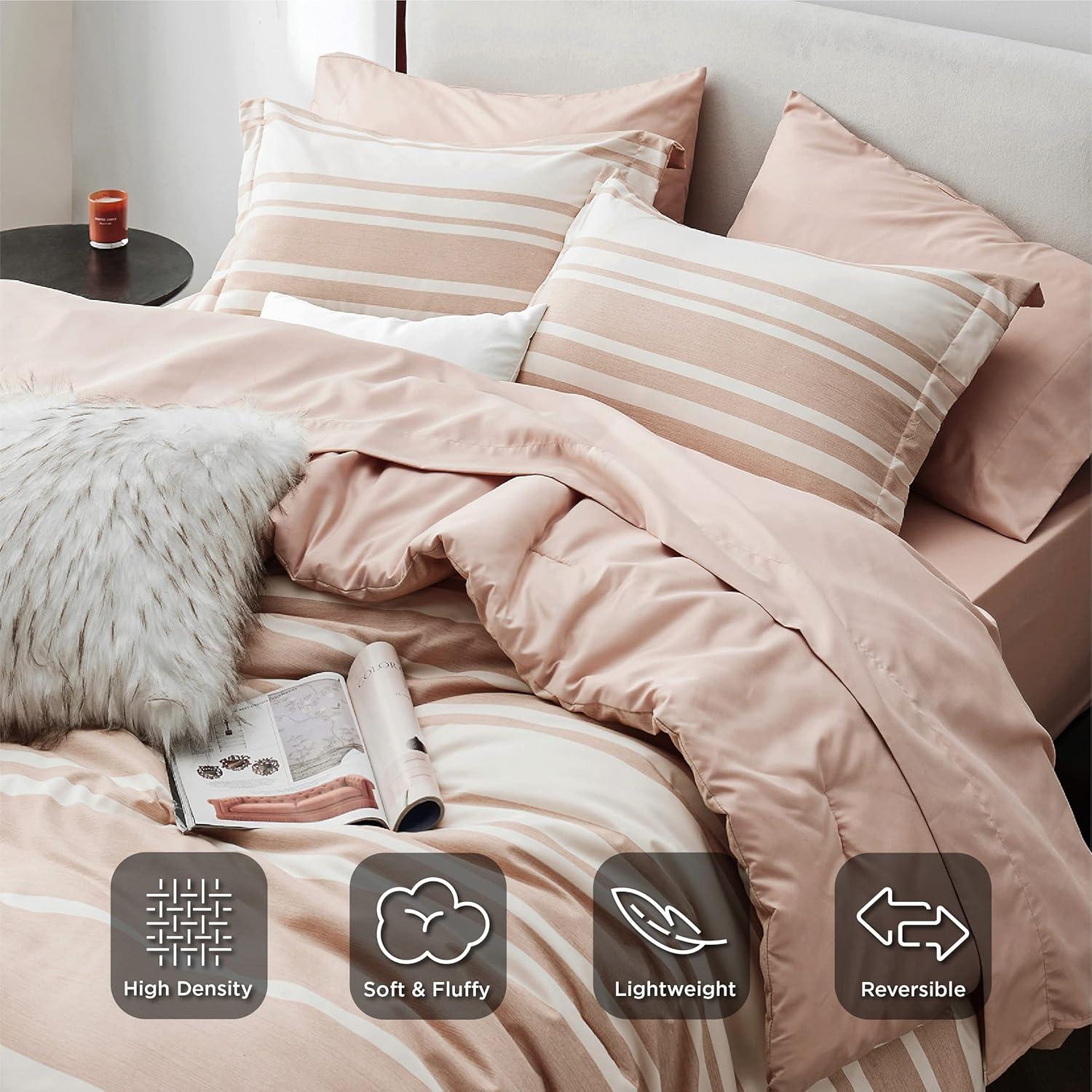 imageBedsure Queen Comforter Set 7 Pieces Grey Striped Bedding Set for All Seasons Reversible Cationic Dyeing Bed in a Bag with Comforter Sheets Pillowcases ampamp Shams16 Dusty Pink