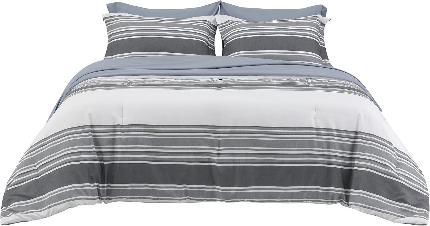 imageBedsure Queen Comforter Set 7 Pieces Grey Striped Bedding Set for All Seasons Reversible Cationic Dyeing Bed in a Bag with Comforter Sheets Pillowcases ampamp Shams21 Dark Grey