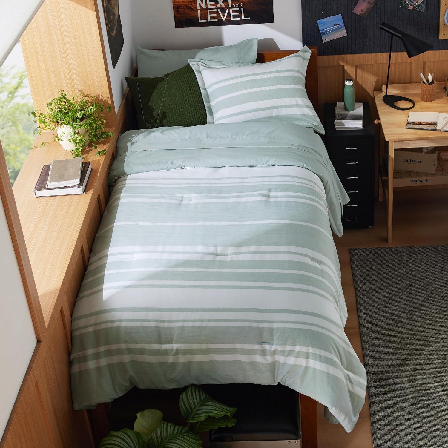 imageBedsure Queen Comforter Set 7 Pieces Grey Striped Bedding Set for All Seasons Reversible Cationic Dyeing Bed in a Bag with Comforter Sheets Pillowcases ampamp Shams03 Sage Green