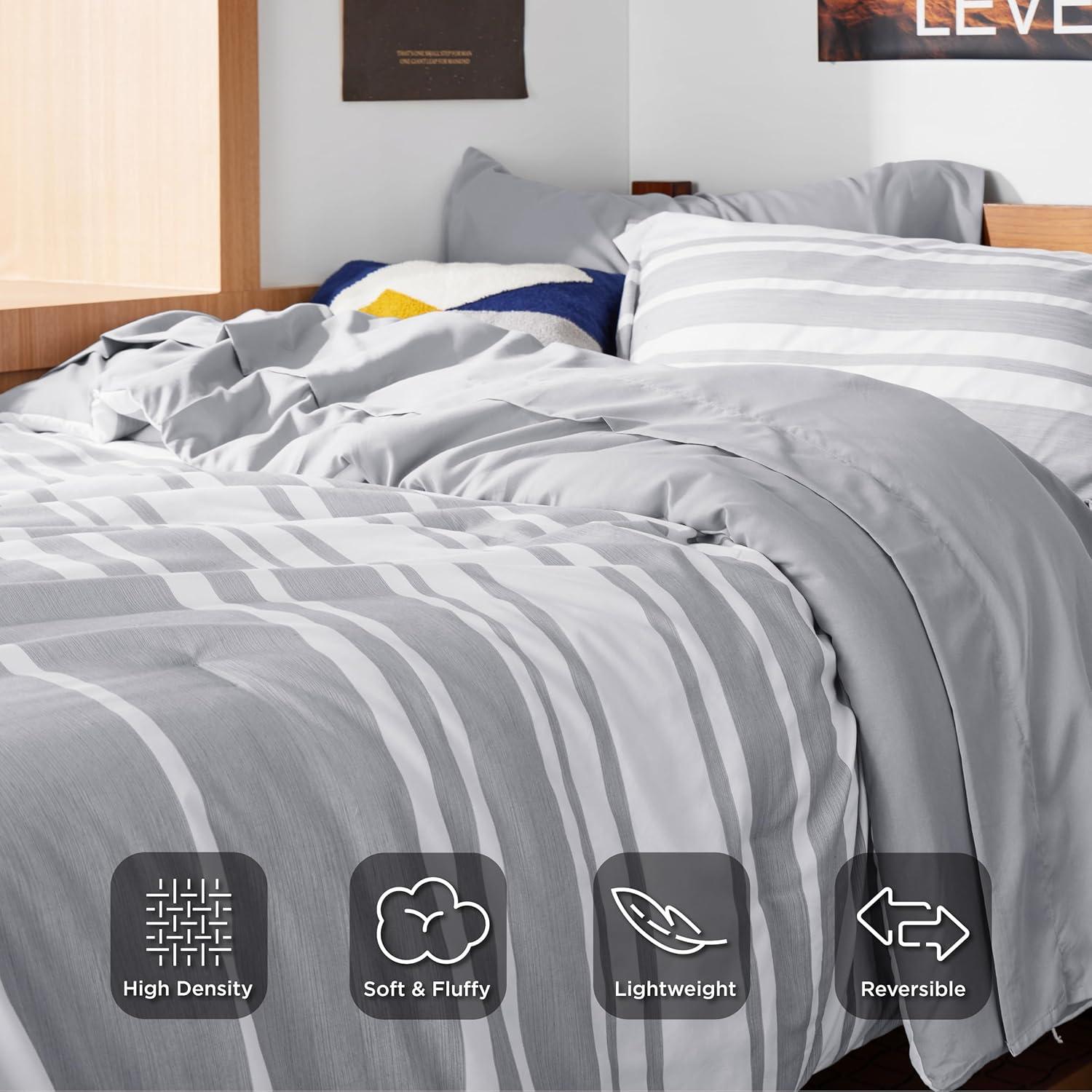 imageBedsure Queen Comforter Set 7 Pieces Grey Striped Bedding Set for All Seasons Reversible Cationic Dyeing Bed in a Bag with Comforter Sheets Pillowcases ampamp Shams01 Grey