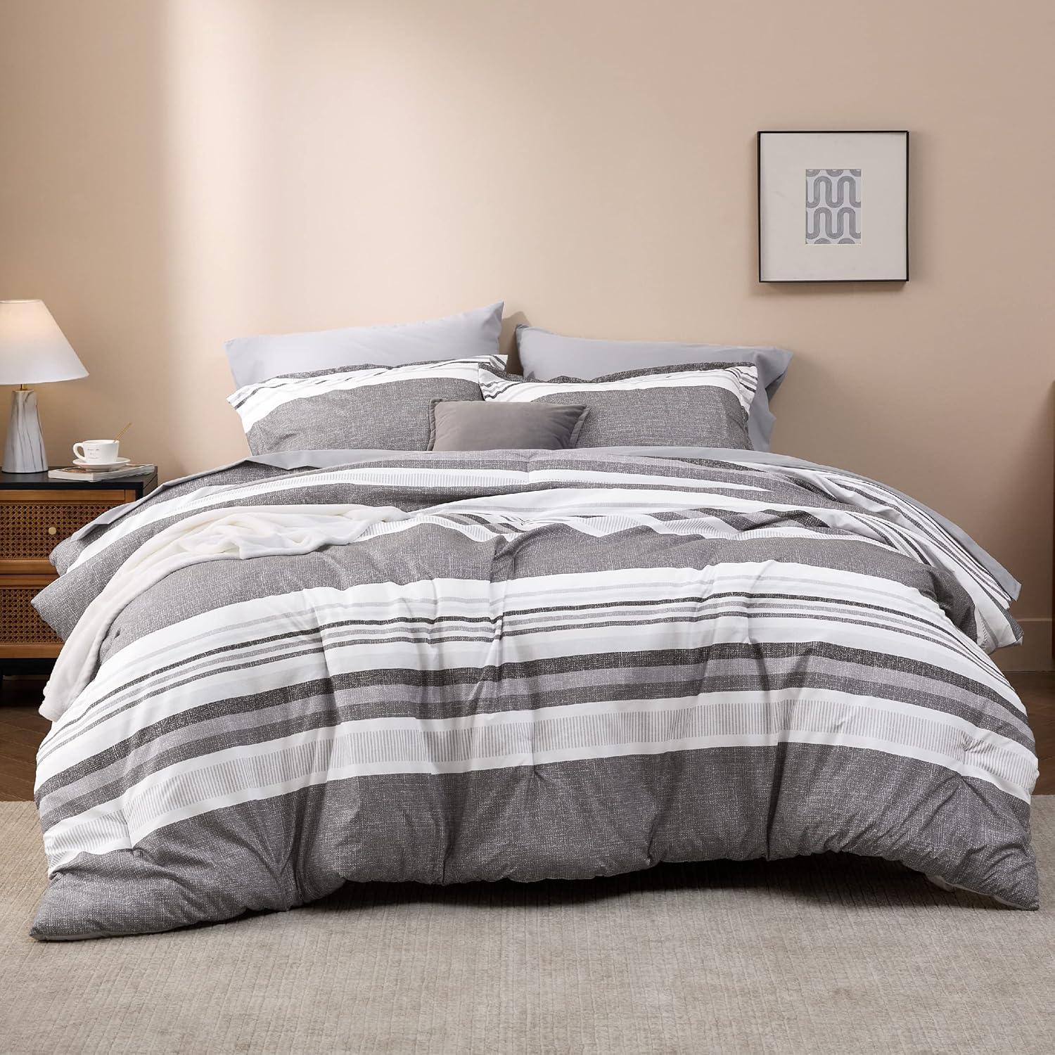 imageBedsure Queen Comforter Set 7 Pieces Grey Striped Bedding Set for All Seasons Reversible Cationic Dyeing Bed in a Bag with Comforter Sheets Pillowcases ampamp Shams20 Frost Grey