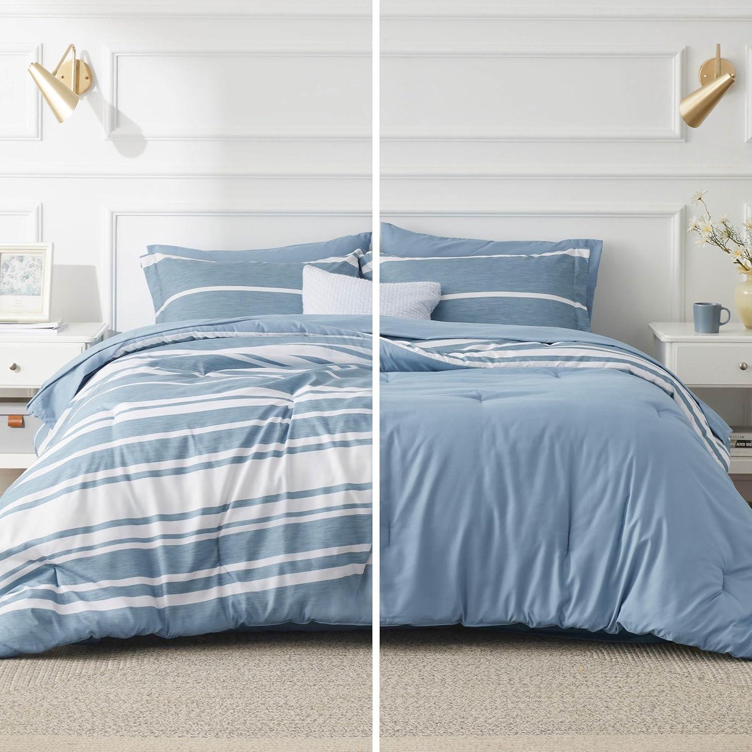imageBedsure Queen Comforter Set 7 Pieces Grey Striped Bedding Set for All Seasons Reversible Cationic Dyeing Bed in a Bag with Comforter Sheets Pillowcases ampamp Shams13 Grey Blue