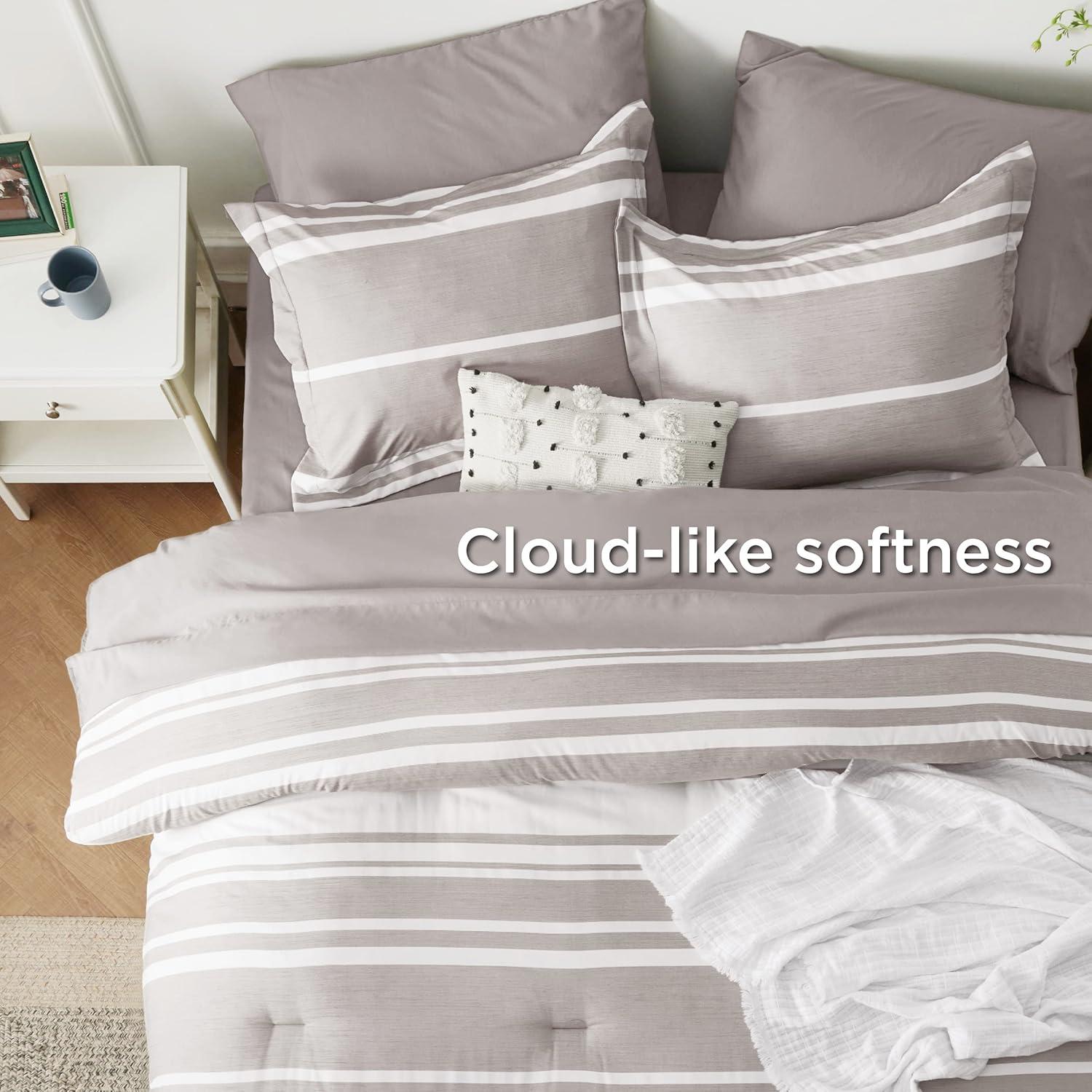 imageBedsure Queen Comforter Set 7 Pieces Grey Striped Bedding Set for All Seasons Reversible Cationic Dyeing Bed in a Bag with Comforter Sheets Pillowcases ampamp Shams14 Taupe