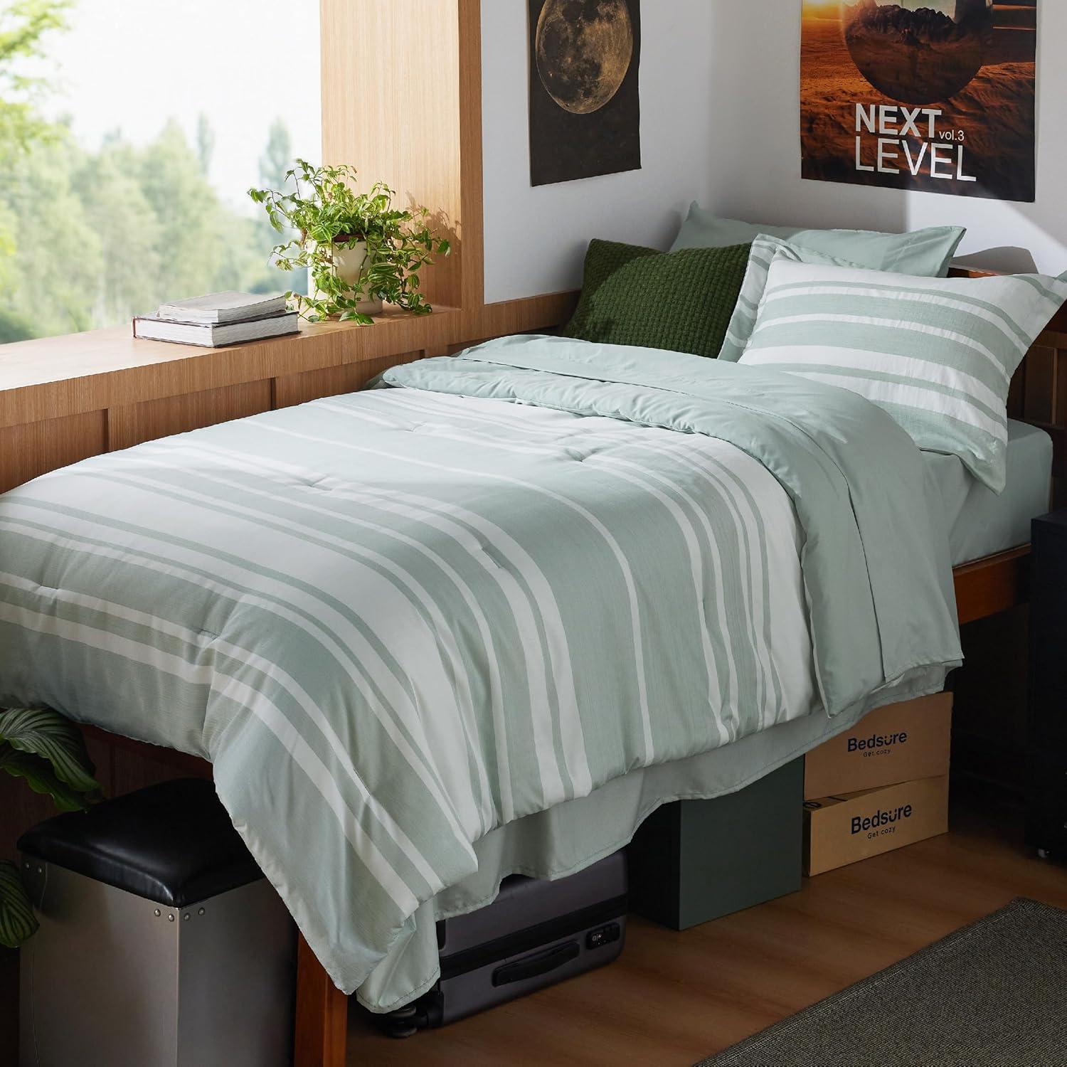 imageBedsure Queen Comforter Set 7 Pieces Grey Striped Bedding Set for All Seasons Reversible Cationic Dyeing Bed in a Bag with Comforter Sheets Pillowcases ampamp Shams03 Sage Green