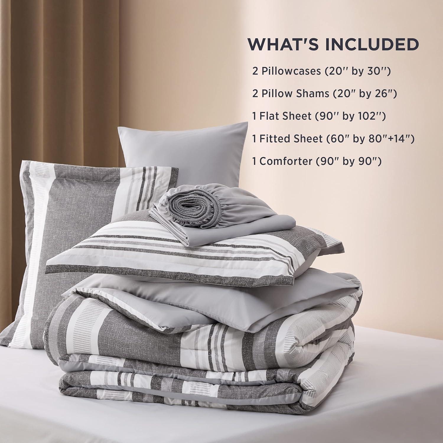 imageBedsure Queen Comforter Set 7 Pieces Grey Striped Bedding Set for All Seasons Reversible Cationic Dyeing Bed in a Bag with Comforter Sheets Pillowcases ampamp Shams20 Frost Grey