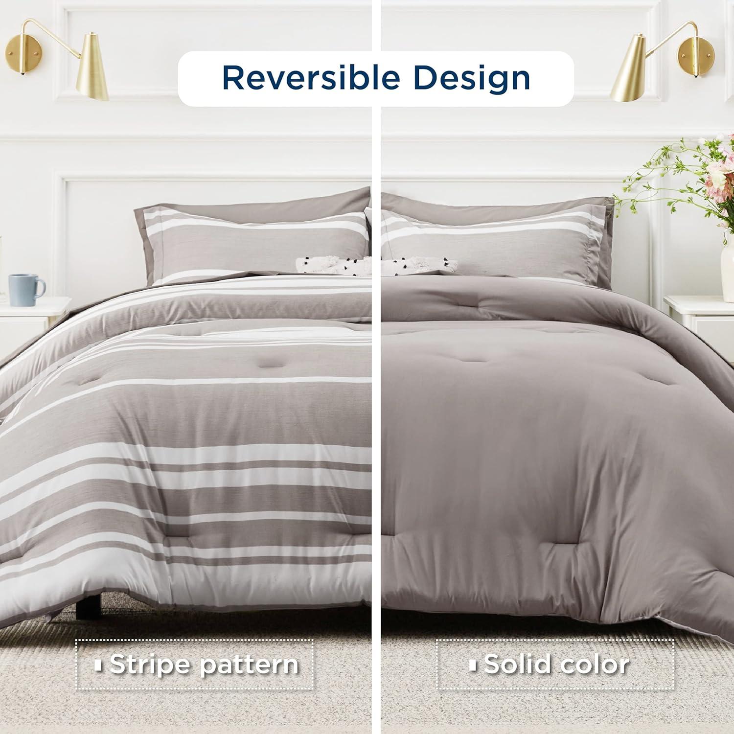 imageBedsure Queen Comforter Set 7 Pieces Grey Striped Bedding Set for All Seasons Reversible Cationic Dyeing Bed in a Bag with Comforter Sheets Pillowcases ampamp Shams14 Taupe