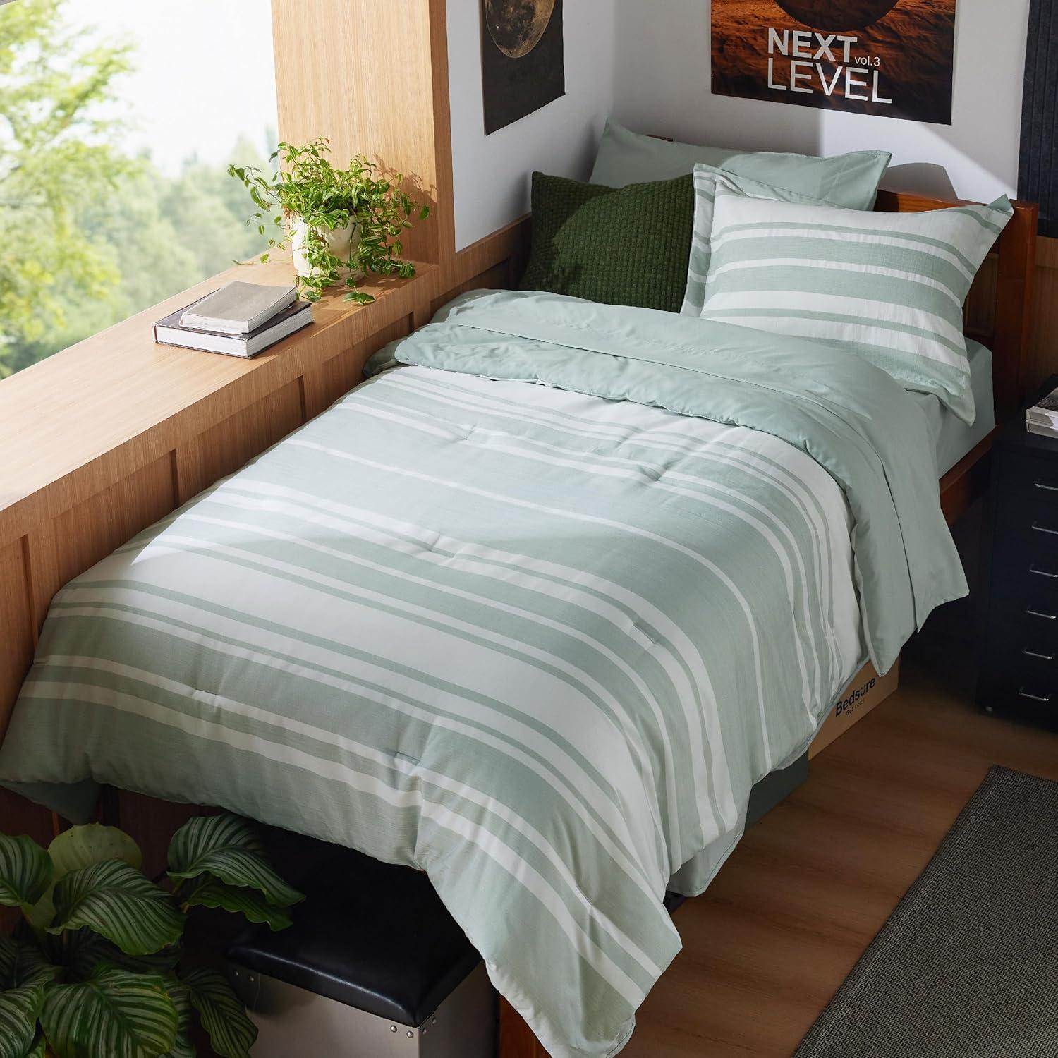 imageBedsure Queen Comforter Set 7 Pieces Grey Striped Bedding Set for All Seasons Reversible Cationic Dyeing Bed in a Bag with Comforter Sheets Pillowcases ampamp Shams03 Sage Green
