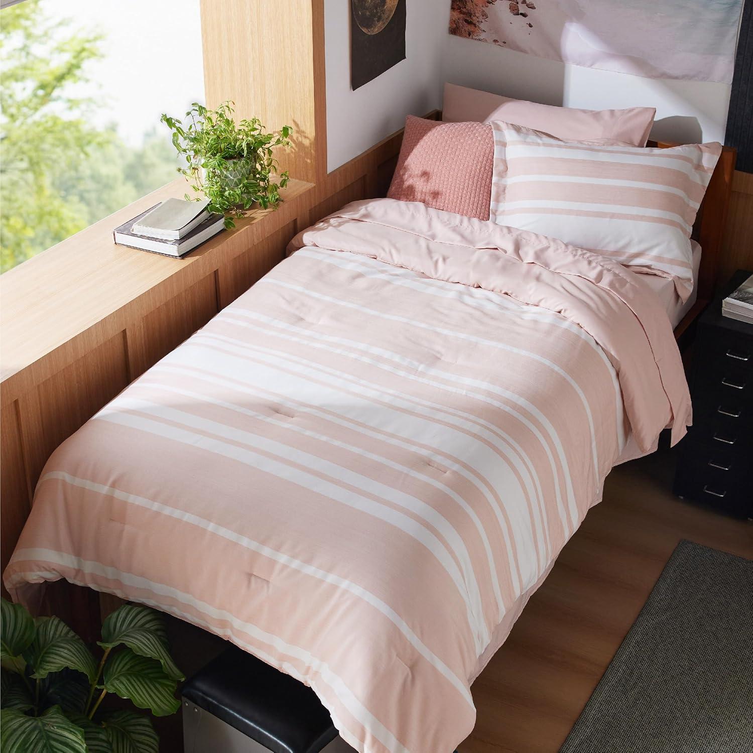 imageBedsure Queen Comforter Set 7 Pieces Grey Striped Bedding Set for All Seasons Reversible Cationic Dyeing Bed in a Bag with Comforter Sheets Pillowcases ampamp Shams15 Light Pink