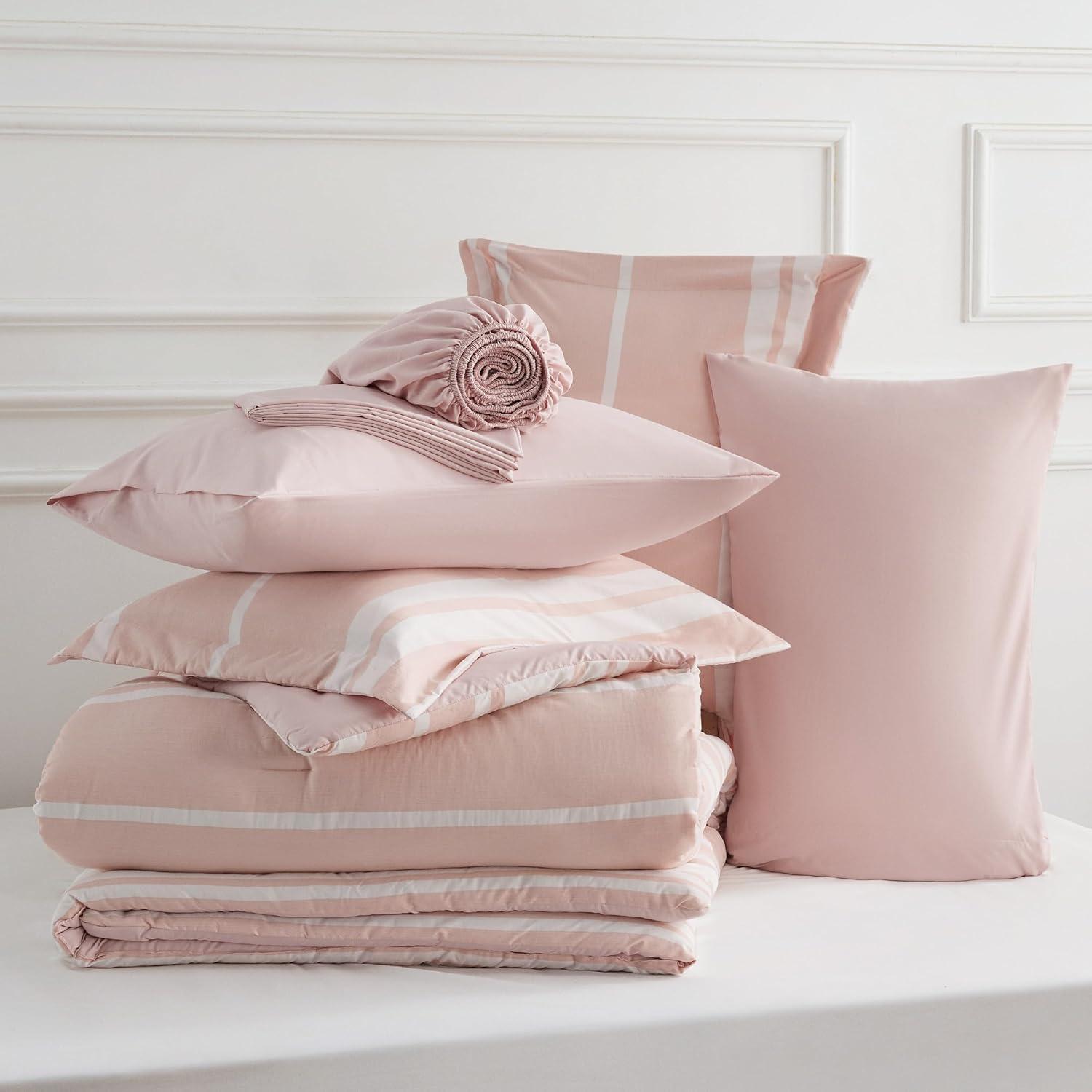 imageBedsure Queen Comforter Set 7 Pieces Grey Striped Bedding Set for All Seasons Reversible Cationic Dyeing Bed in a Bag with Comforter Sheets Pillowcases ampamp Shams15 Light Pink
