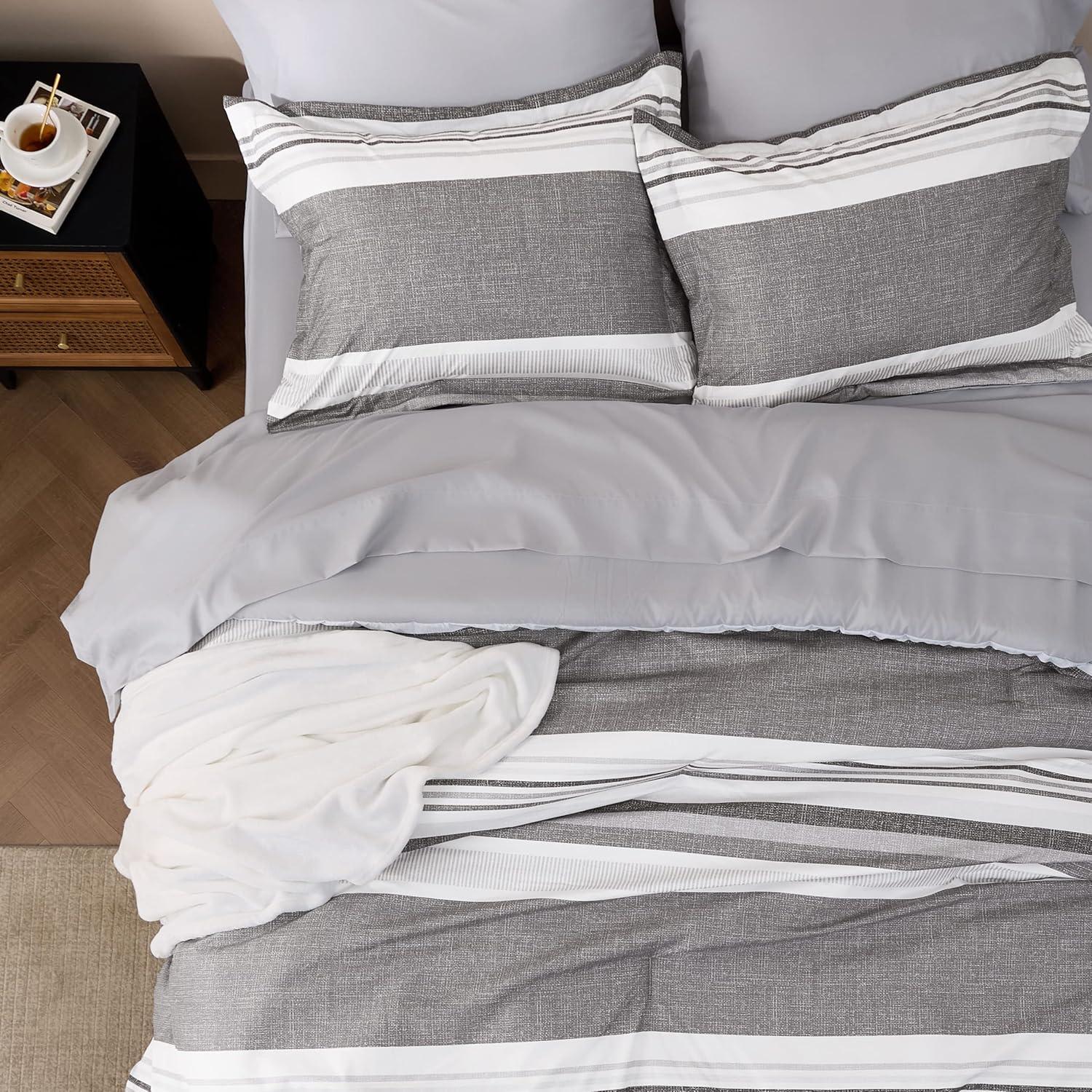 imageBedsure Queen Comforter Set 7 Pieces Grey Striped Bedding Set for All Seasons Reversible Cationic Dyeing Bed in a Bag with Comforter Sheets Pillowcases ampamp Shams20 Frost Grey