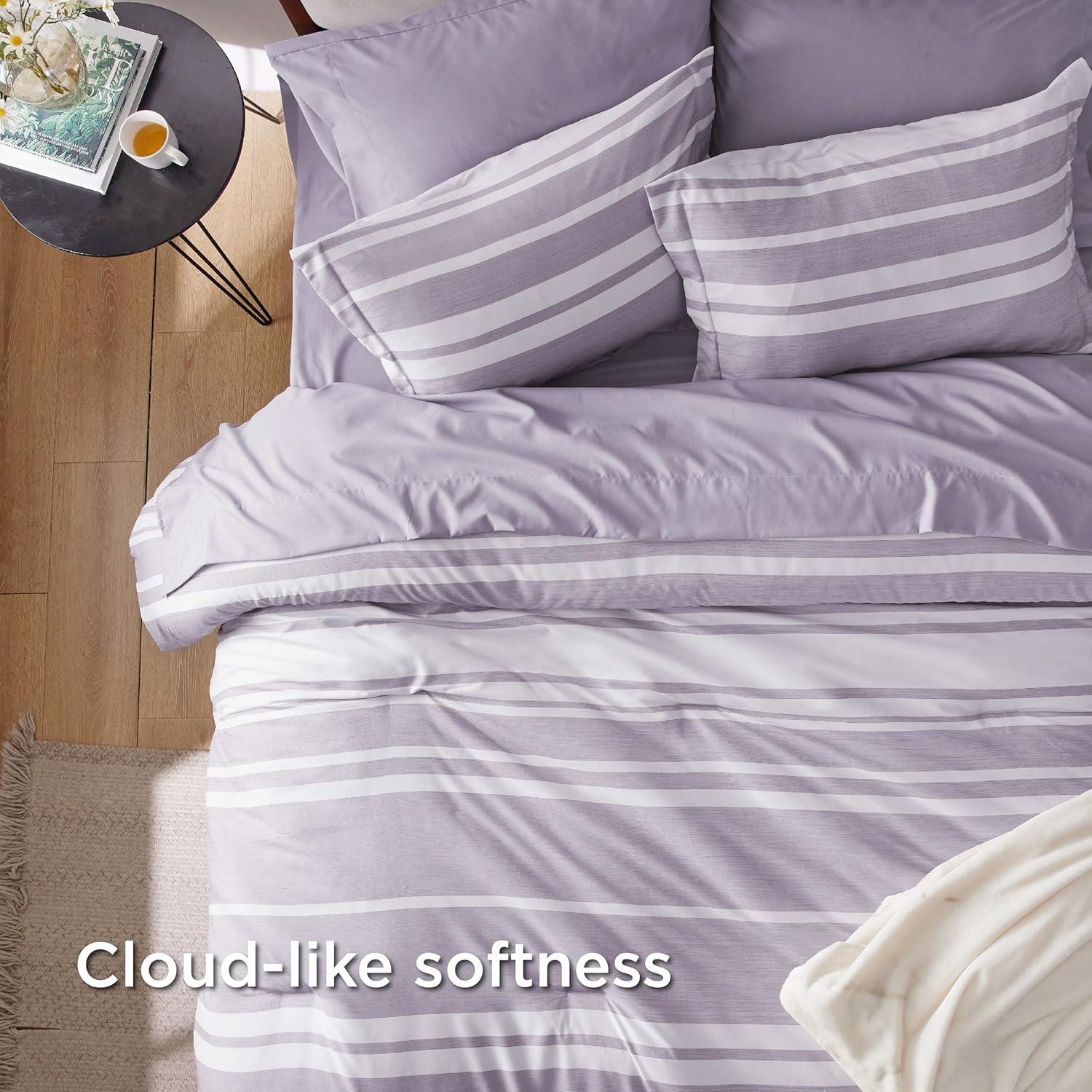 imageBedsure Queen Comforter Set 7 Pieces Grey Striped Bedding Set for All Seasons Reversible Cationic Dyeing Bed in a Bag with Comforter Sheets Pillowcases ampamp Shams09 Purple