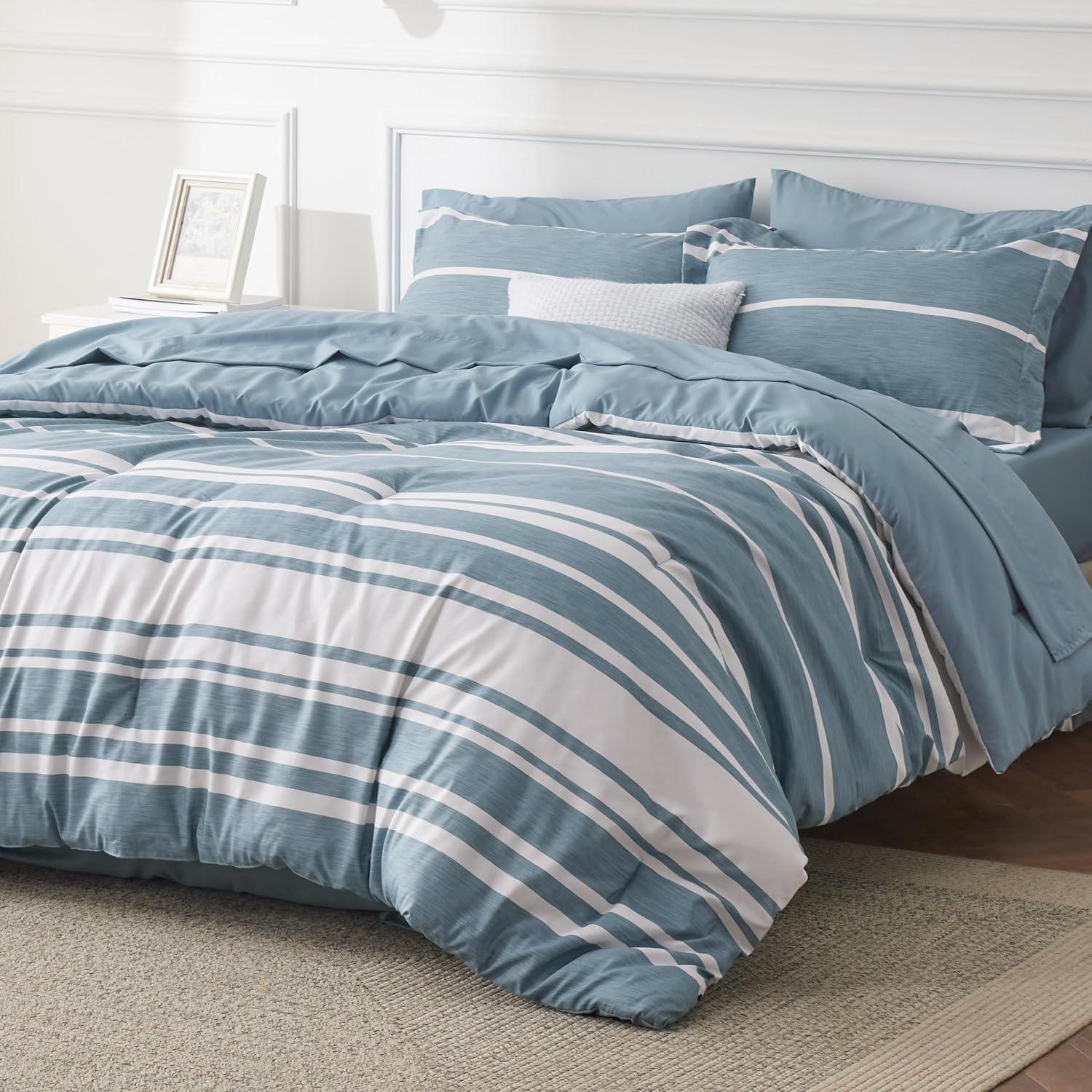 imageBedsure Queen Comforter Set 7 Pieces Grey Striped Bedding Set for All Seasons Reversible Cationic Dyeing Bed in a Bag with Comforter Sheets Pillowcases ampamp Shams13 Grey Blue