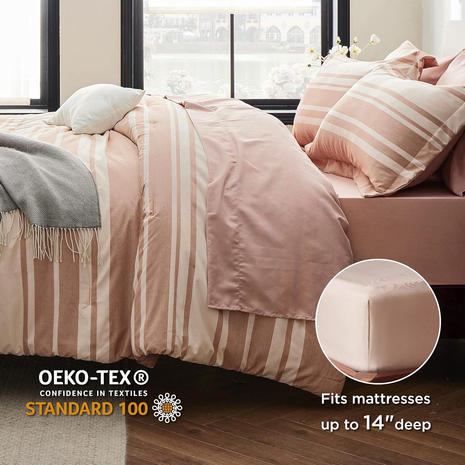 imageBedsure Queen Comforter Set 7 Pieces Grey Striped Bedding Set for All Seasons Reversible Cationic Dyeing Bed in a Bag with Comforter Sheets Pillowcases ampamp Shams16 Dusty Pink