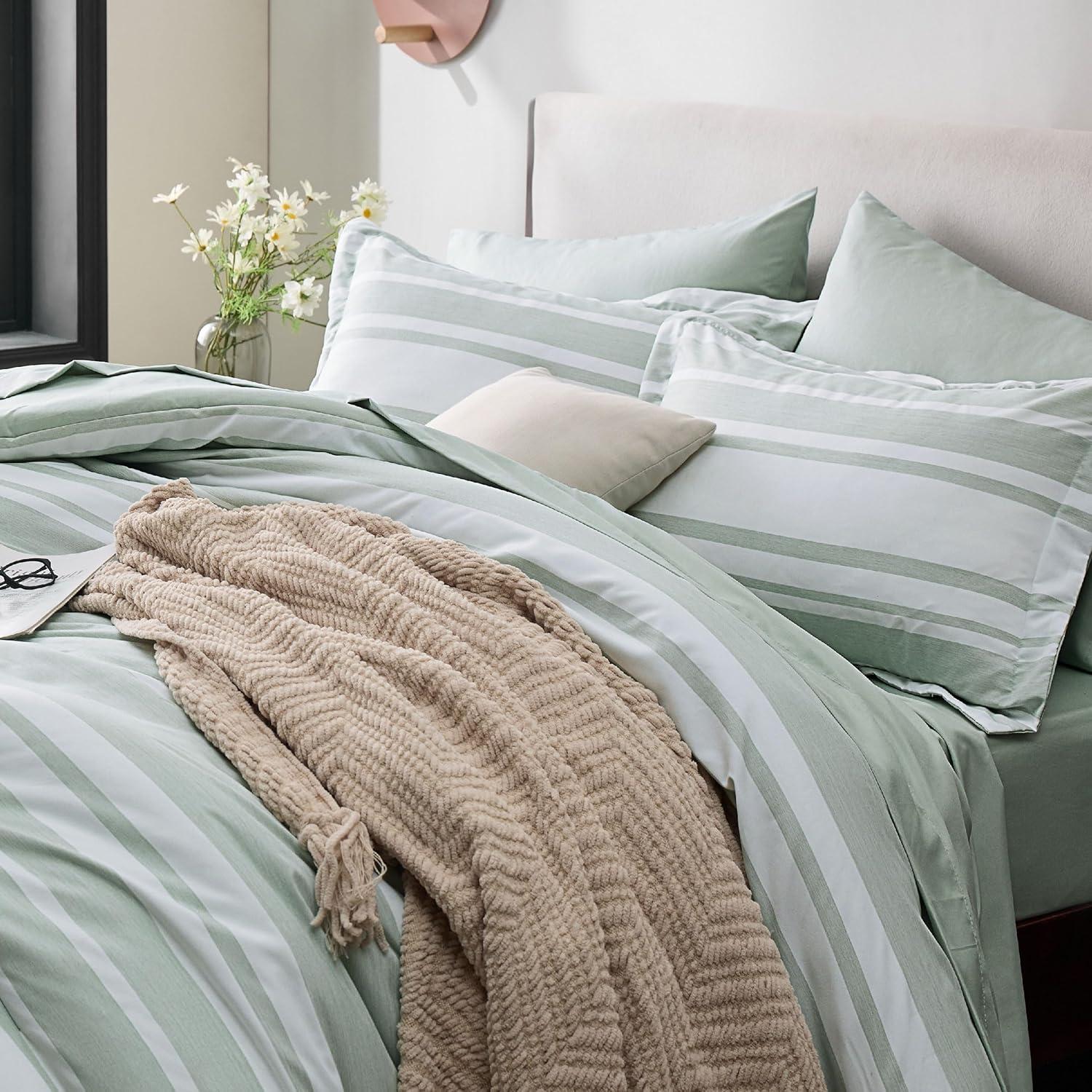 imageBedsure Queen Comforter Set 7 Pieces Grey Striped Bedding Set for All Seasons Reversible Cationic Dyeing Bed in a Bag with Comforter Sheets Pillowcases ampamp Shams03 Sage Green