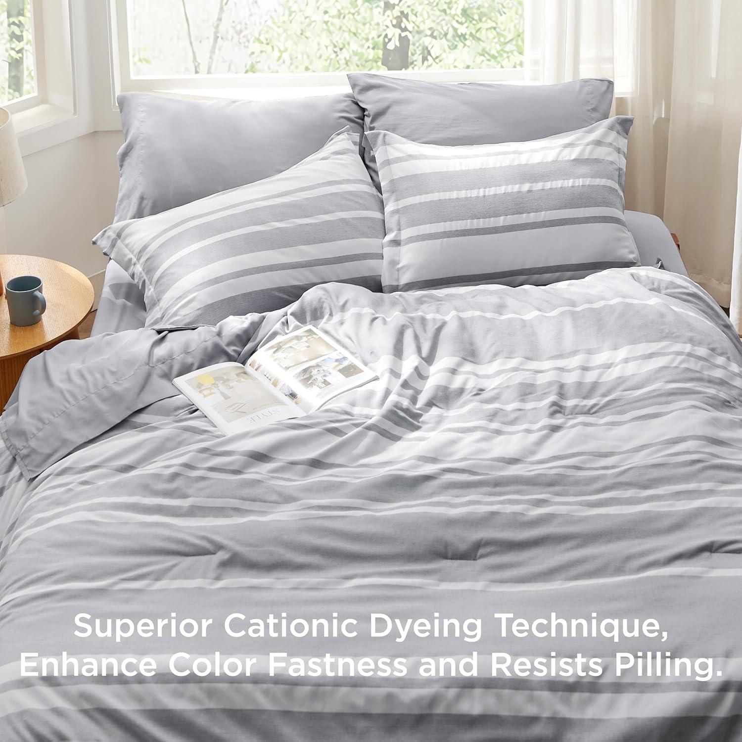imageBedsure Queen Comforter Set 7 Pieces Grey Striped Bedding Set for All Seasons Reversible Cationic Dyeing Bed in a Bag with Comforter Sheets Pillowcases ampamp Shams01 Grey