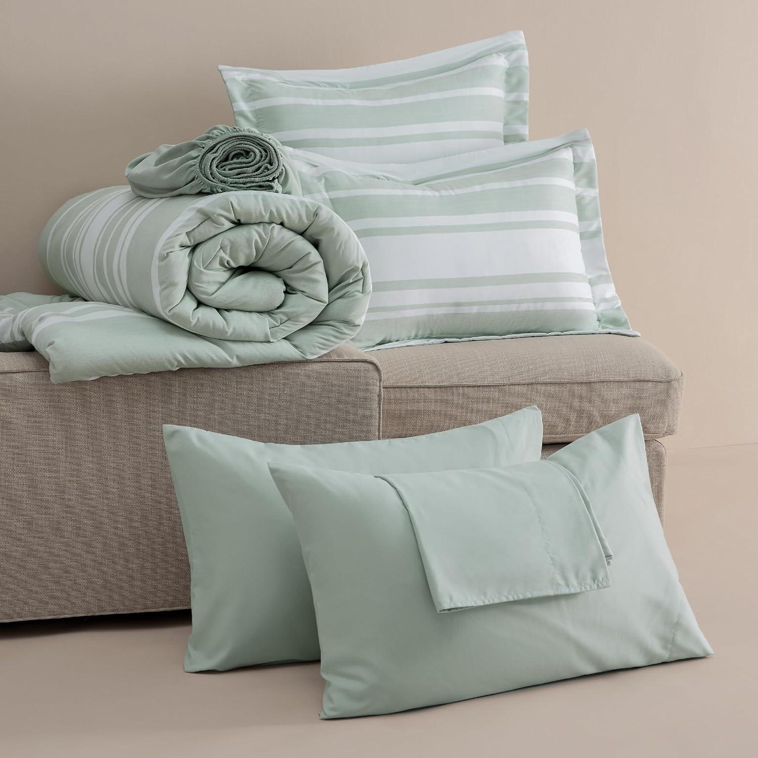 imageBedsure Queen Comforter Set 7 Pieces Grey Striped Bedding Set for All Seasons Reversible Cationic Dyeing Bed in a Bag with Comforter Sheets Pillowcases ampamp Shams03 Sage Green