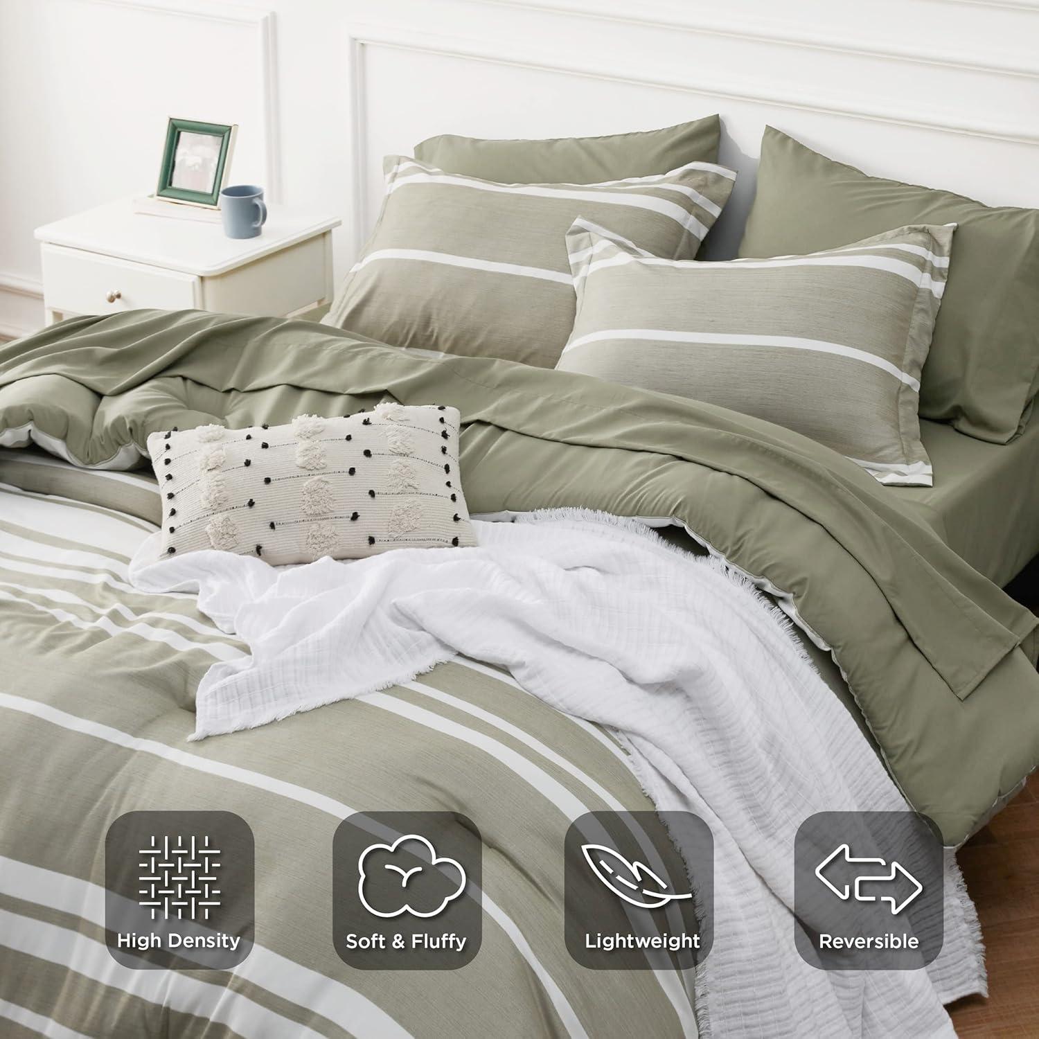 imageBedsure Queen Comforter Set 7 Pieces Grey Striped Bedding Set for All Seasons Reversible Cationic Dyeing Bed in a Bag with Comforter Sheets Pillowcases ampamp Shams04 Olive Green
