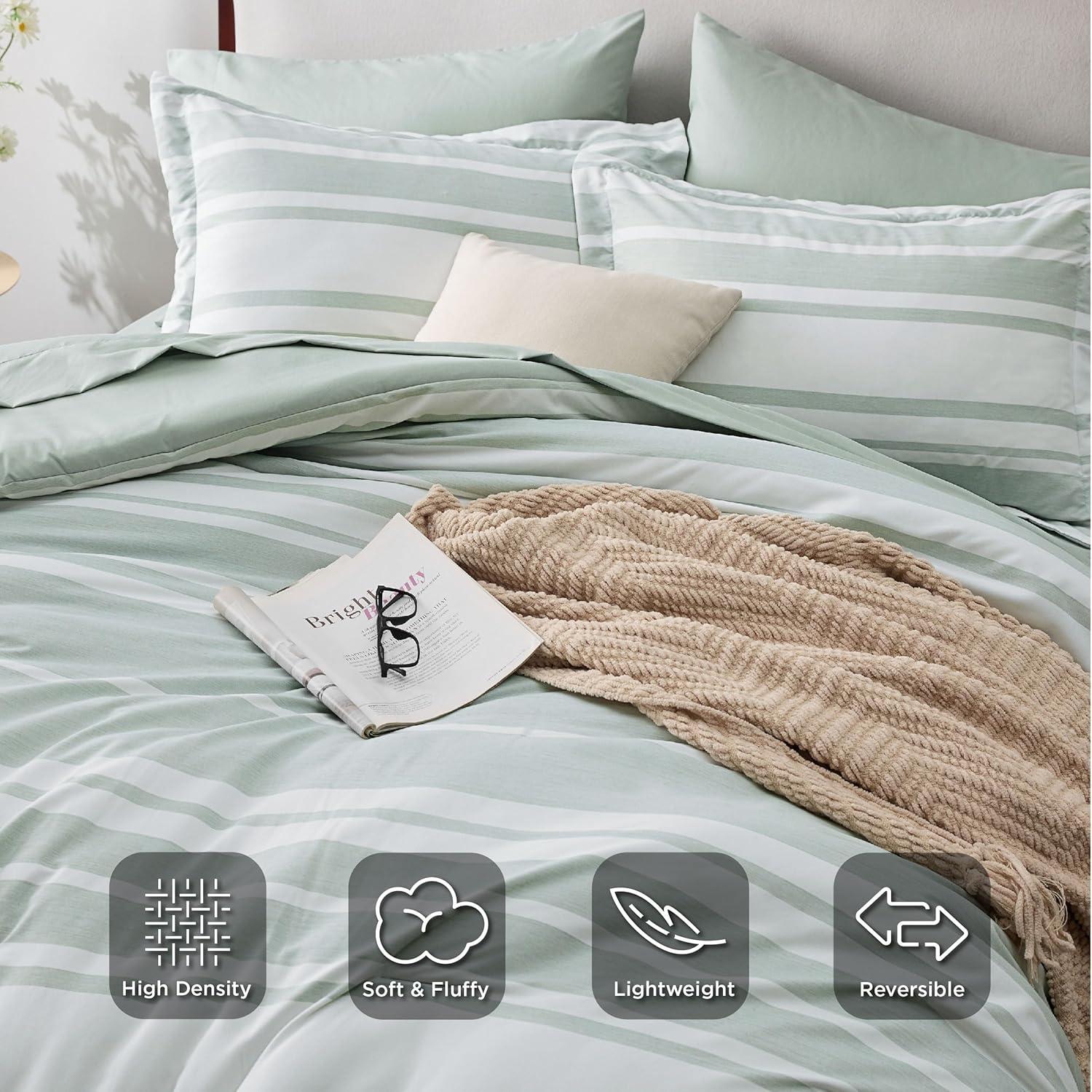 imageBedsure Queen Comforter Set 7 Pieces Grey Striped Bedding Set for All Seasons Reversible Cationic Dyeing Bed in a Bag with Comforter Sheets Pillowcases ampamp Shams03 Sage Green
