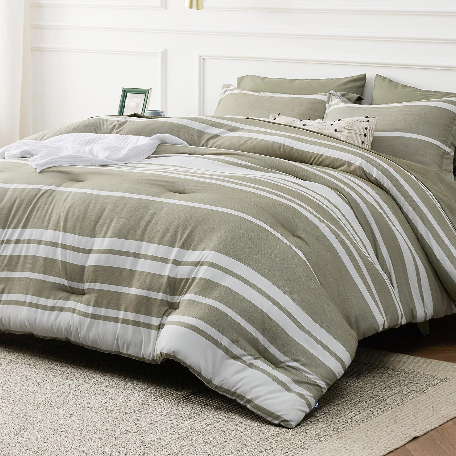 imageBedsure Queen Comforter Set 7 Pieces Grey Striped Bedding Set for All Seasons Reversible Cationic Dyeing Bed in a Bag with Comforter Sheets Pillowcases ampamp Shams04 Olive Green