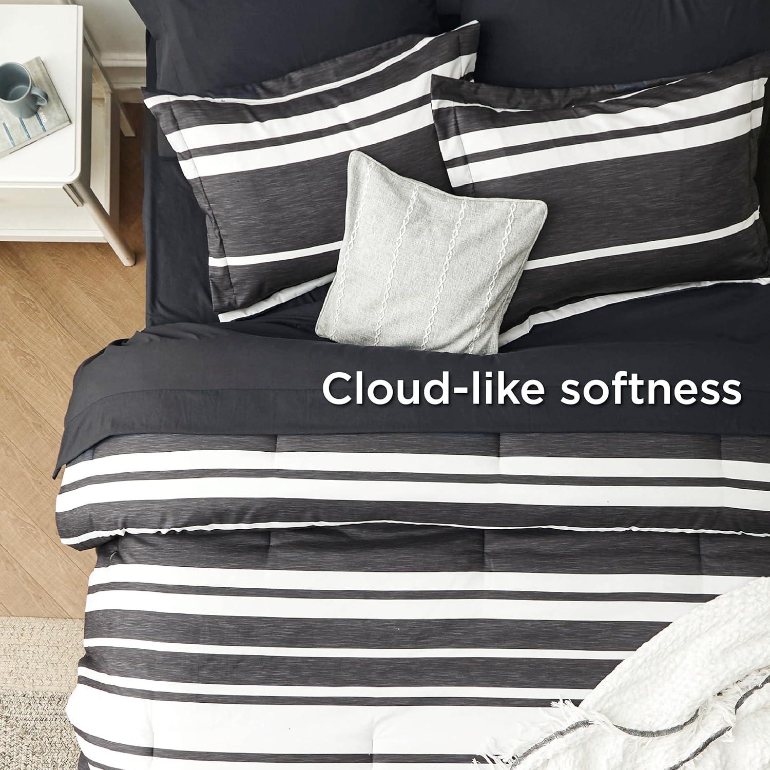 imageBedsure Queen Comforter Set 7 Pieces Grey Striped Bedding Set for All Seasons Reversible Cationic Dyeing Bed in a Bag with Comforter Sheets Pillowcases ampamp Shams07 Black