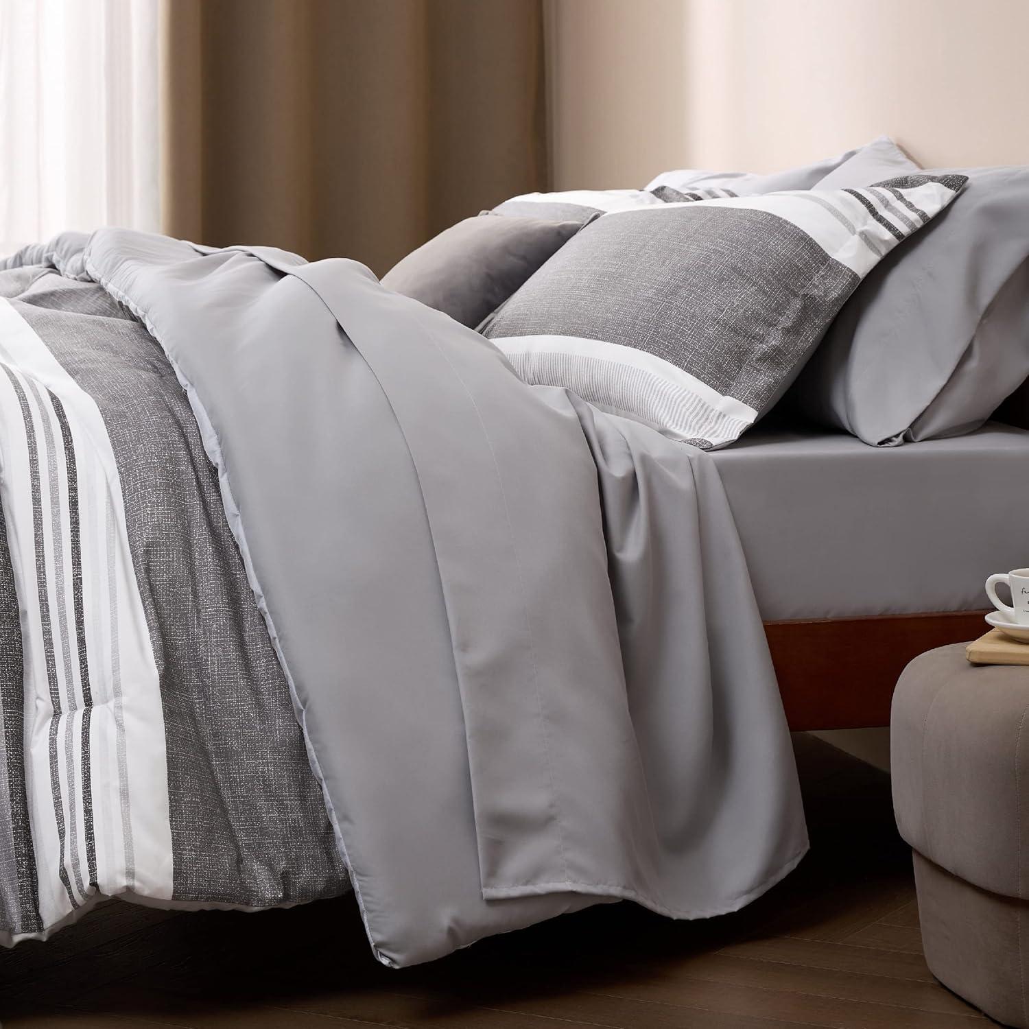 imageBedsure Queen Comforter Set 7 Pieces Grey Striped Bedding Set for All Seasons Reversible Cationic Dyeing Bed in a Bag with Comforter Sheets Pillowcases ampamp Shams20 Frost Grey