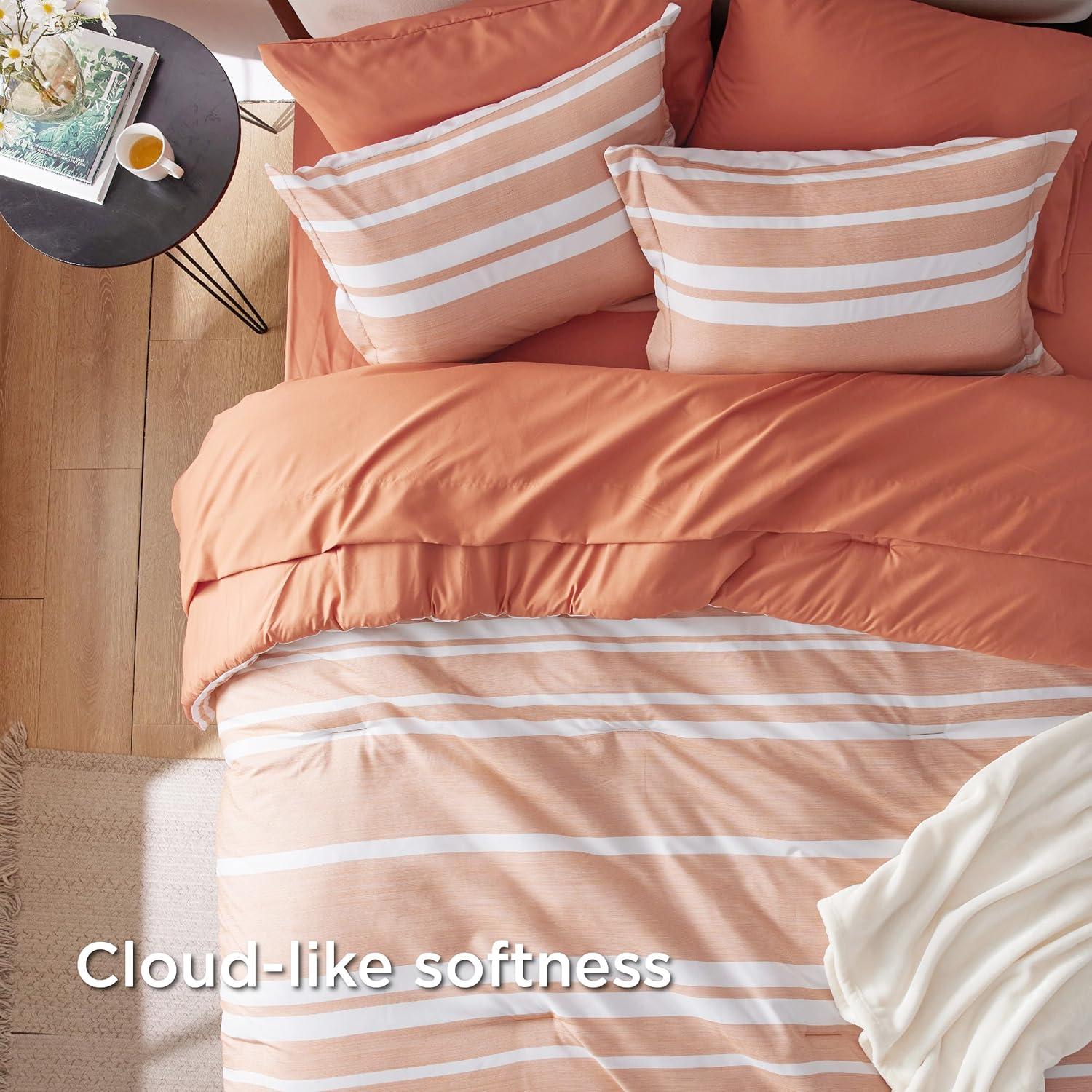 imageBedsure Queen Comforter Set 7 Pieces Grey Striped Bedding Set for All Seasons Reversible Cationic Dyeing Bed in a Bag with Comforter Sheets Pillowcases ampamp Shams12 Burnt Orange