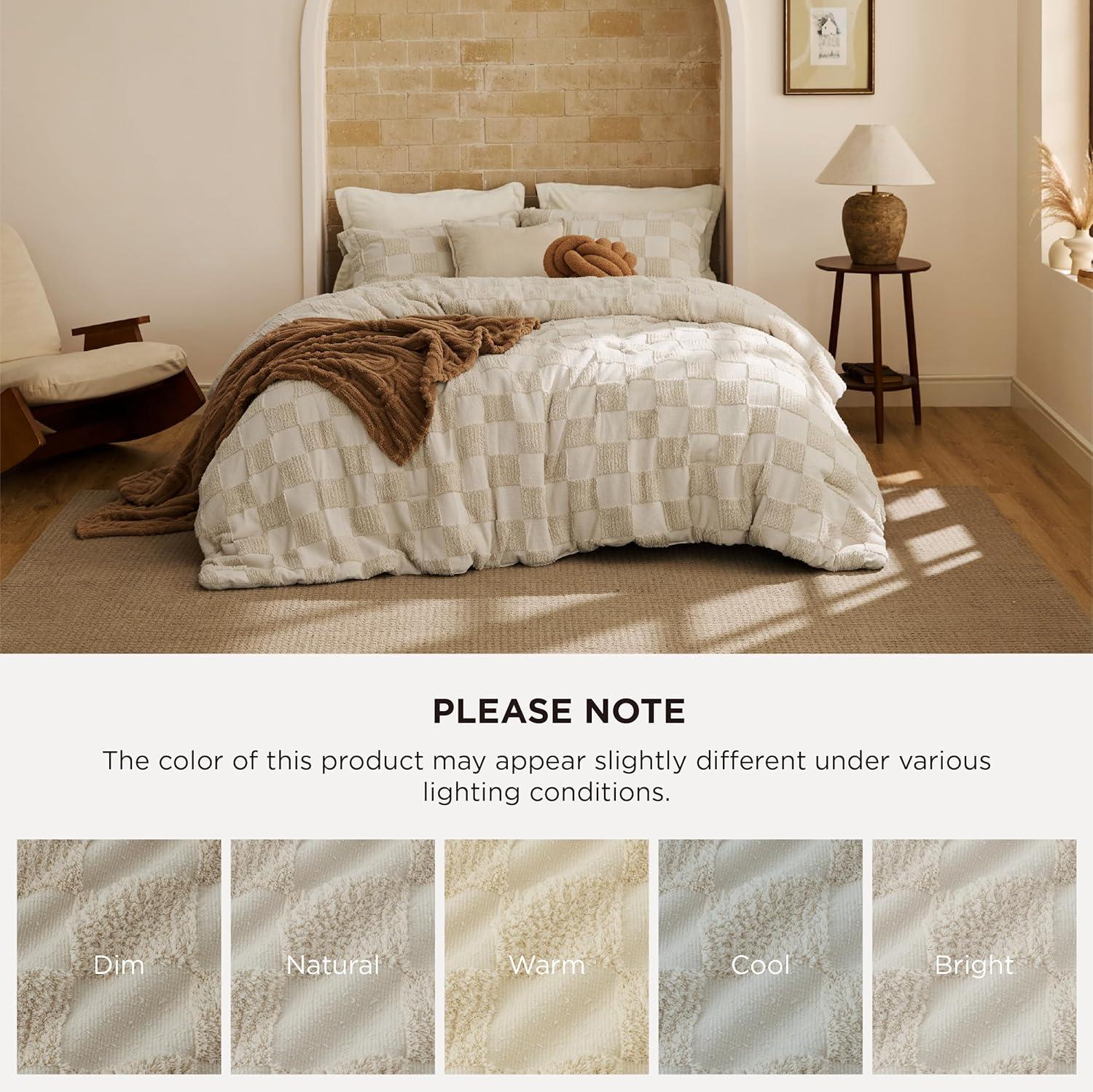 imageBedsure Queen Size Comforter Set Beige Boho Tufted Bed Set Checkered Farmhouse Shabby Chic Bedding 3 Pieces 1 Plaid Geometric Comforter and 2 Pillow Shams04 Beige Tufted Checkboard