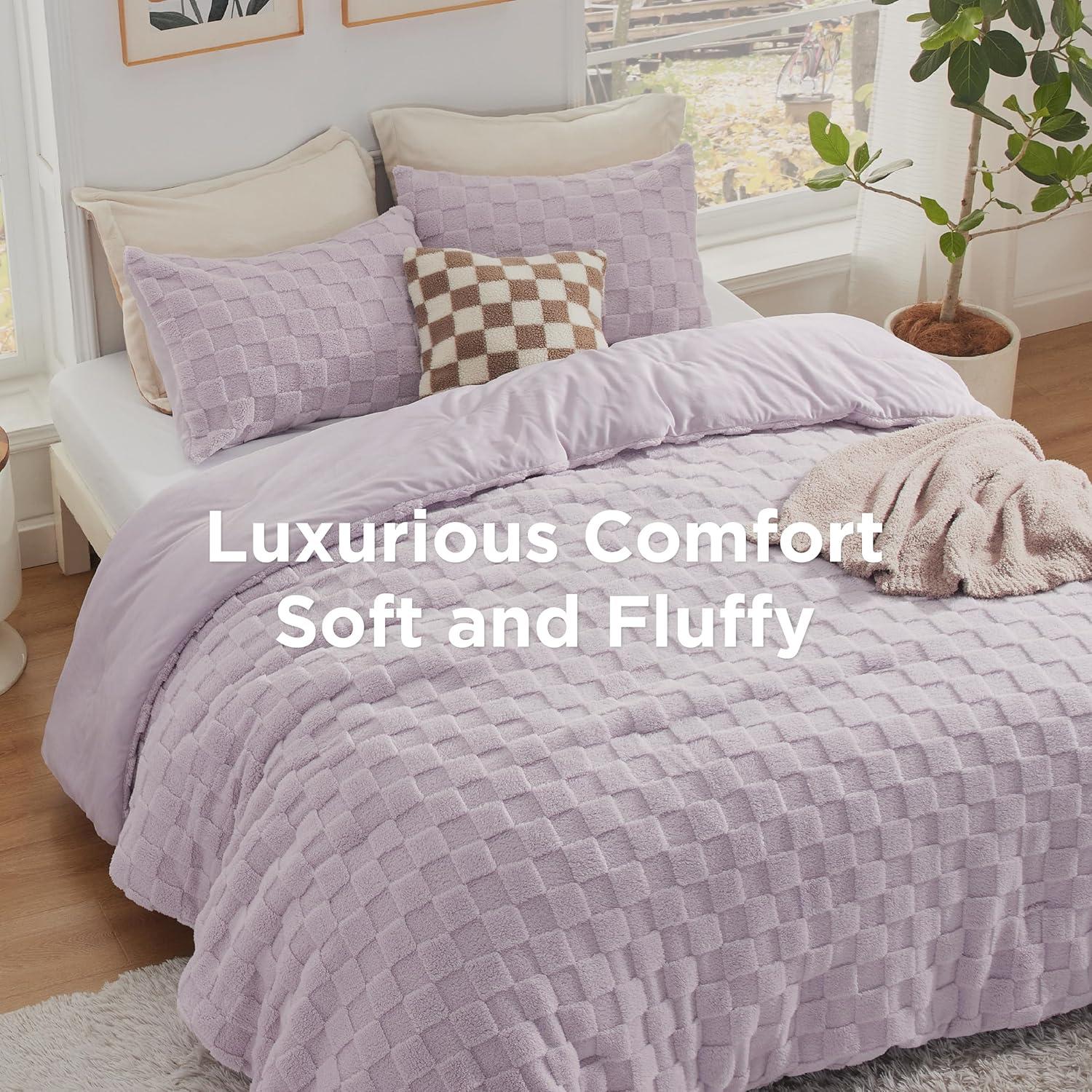 imageBedsure Queen Size Comforter Set Beige Boho Tufted Bed Set Checkered Farmhouse Shabby Chic Bedding 3 Pieces 1 Plaid Geometric Comforter and 2 Pillow Shams02 Light Purple Fuzzy Checkerboard