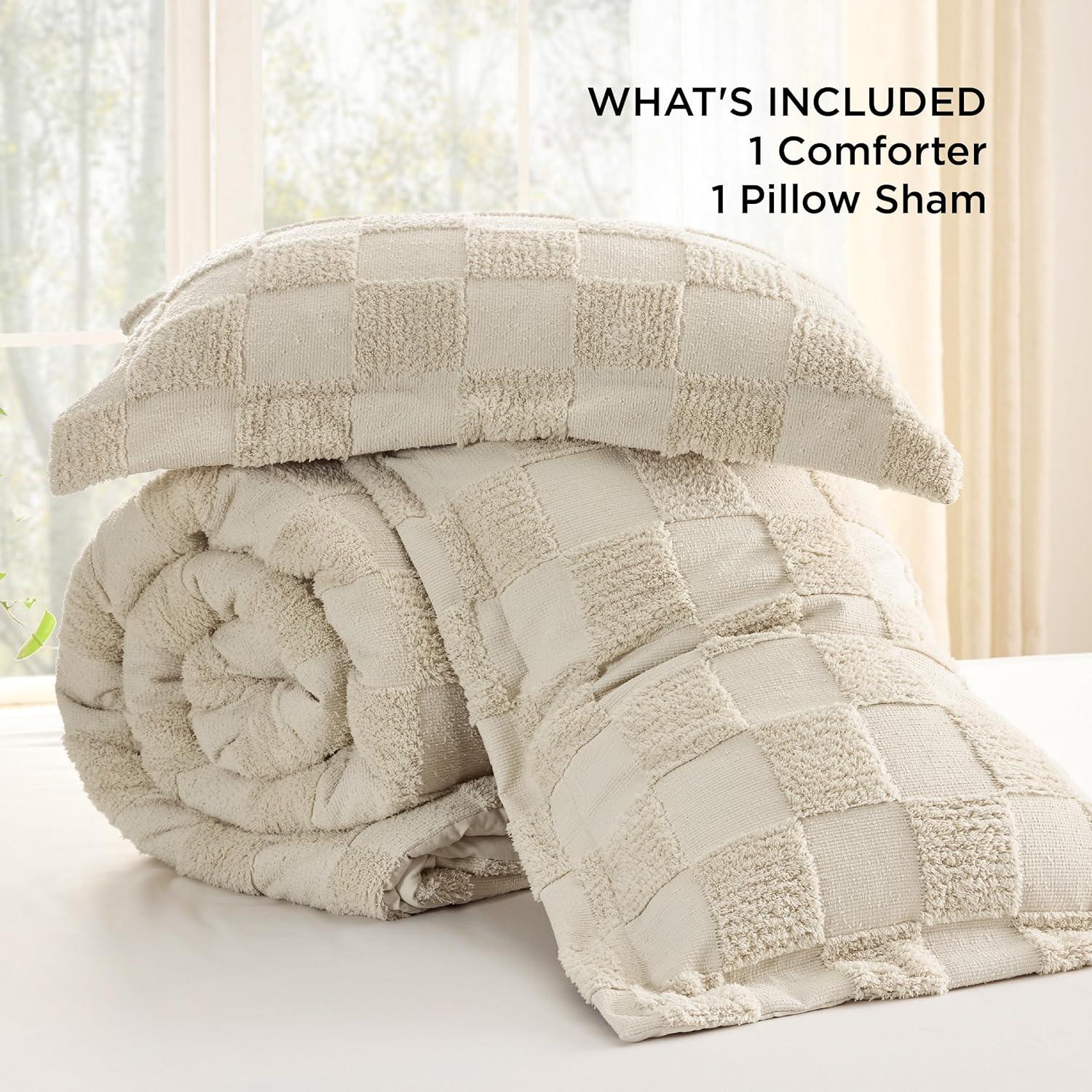 imageBedsure Queen Size Comforter Set Beige Boho Tufted Bed Set Checkered Farmhouse Shabby Chic Bedding 3 Pieces 1 Plaid Geometric Comforter and 2 Pillow Shams10 Dusty Rose Tufted Checkboard
