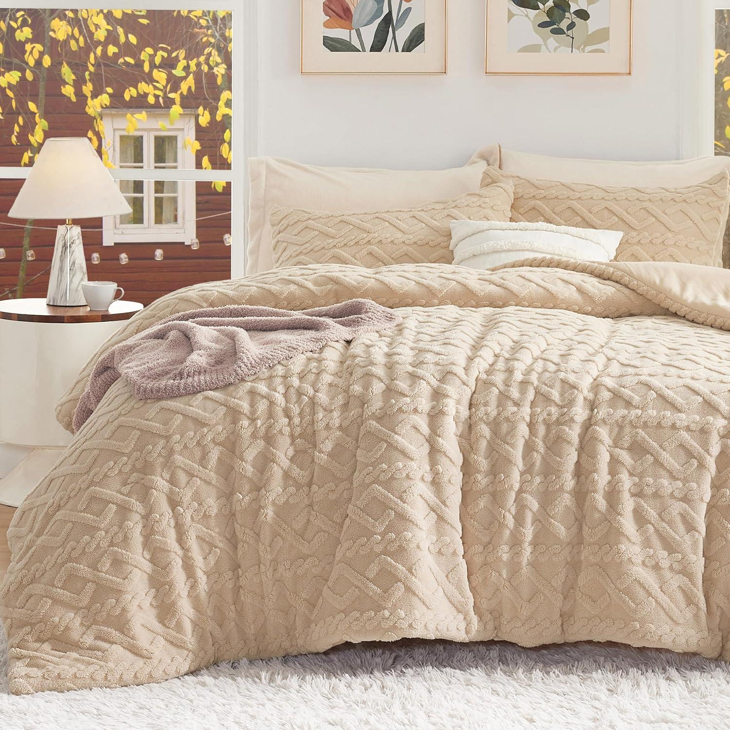 imageBedsure Queen Size Comforter Set Beige Boho Tufted Bed Set Checkered Farmhouse Shabby Chic Bedding 3 Pieces 1 Plaid Geometric Comforter and 2 Pillow Shams19 Warm Sand Fuzzy Cable Stripe