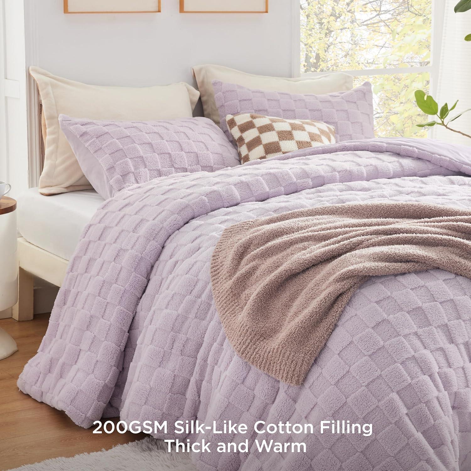 imageBedsure Queen Size Comforter Set Beige Boho Tufted Bed Set Checkered Farmhouse Shabby Chic Bedding 3 Pieces 1 Plaid Geometric Comforter and 2 Pillow Shams02 Light Purple Fuzzy Checkerboard