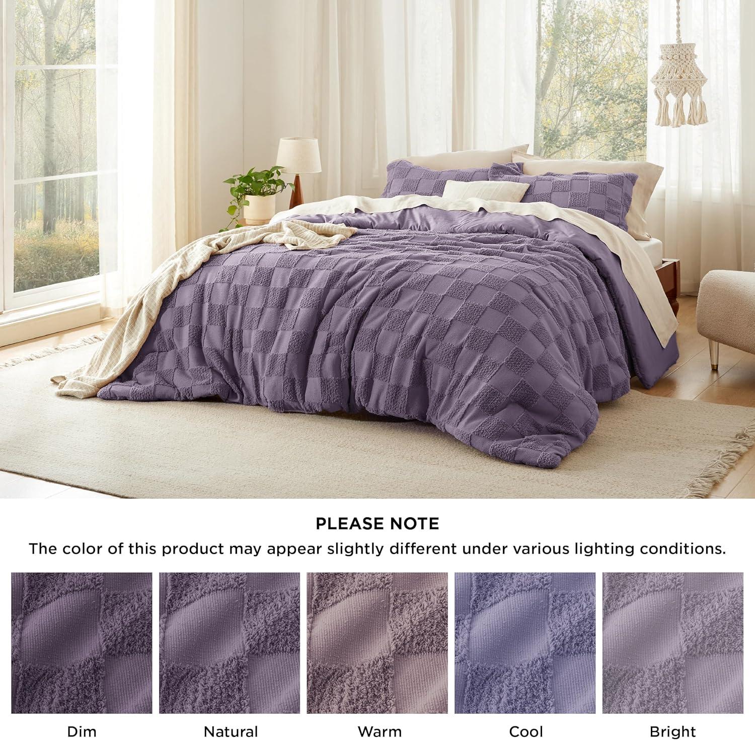imageBedsure Queen Size Comforter Set Beige Boho Tufted Bed Set Checkered Farmhouse Shabby Chic Bedding 3 Pieces 1 Plaid Geometric Comforter and 2 Pillow Shams09 Grayish Purple Tufted Checkboard