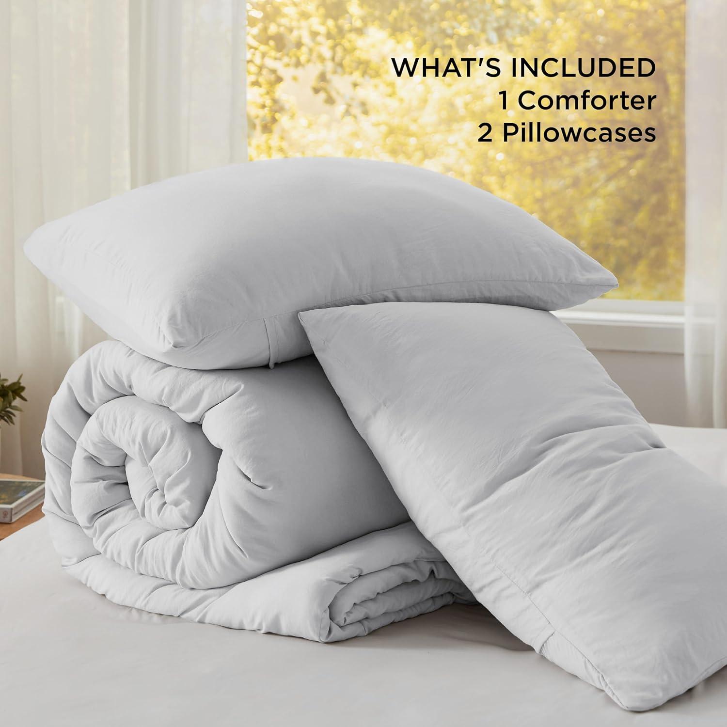 imageBedsure Queen Size Comforter Set Dark Green Soft Prewashed Bedding for All Seasons 3 Pieces GentleSoft Warm Down Alternative Bed Set 1 Lightweight Comforter 90quotx90quot and 2 Pillowcases 20quotx26quot27 Light Grey