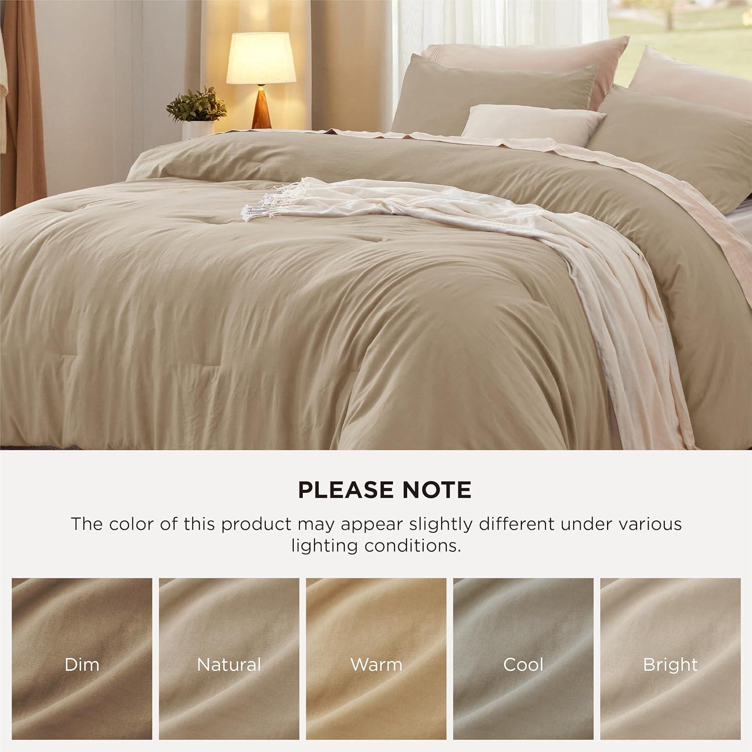 imageBedsure Queen Size Comforter Set Dark Green Soft Prewashed Bedding for All Seasons 3 Pieces GentleSoft Warm Down Alternative Bed Set 1 Lightweight Comforter 90quotx90quot and 2 Pillowcases 20quotx26quot08 Khaki