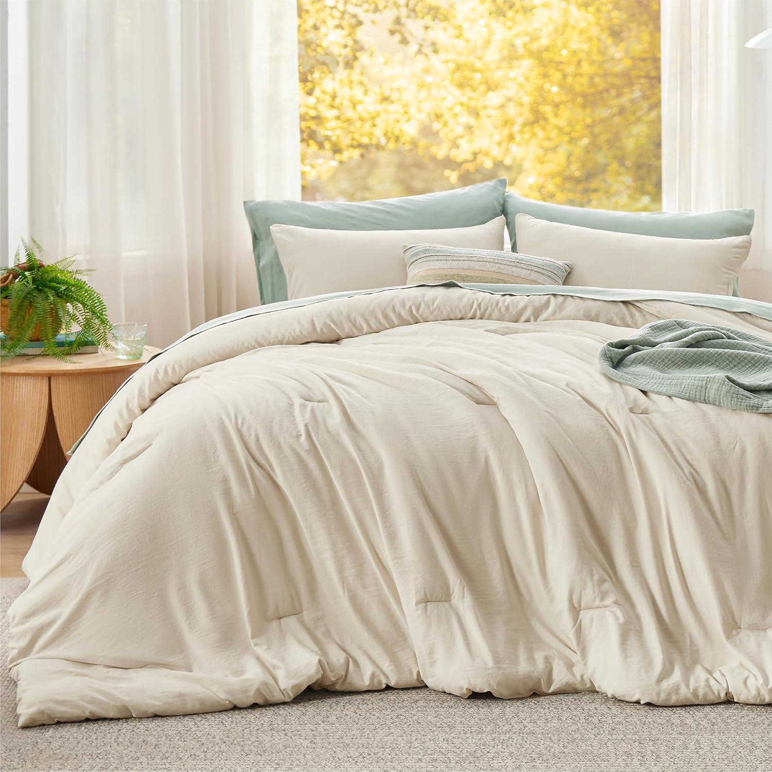 imageBedsure Queen Size Comforter Set Dark Green Soft Prewashed Bedding for All Seasons 3 Pieces GentleSoft Warm Down Alternative Bed Set 1 Lightweight Comforter 90quotx90quot and 2 Pillowcases 20quotx26quot05 Cream