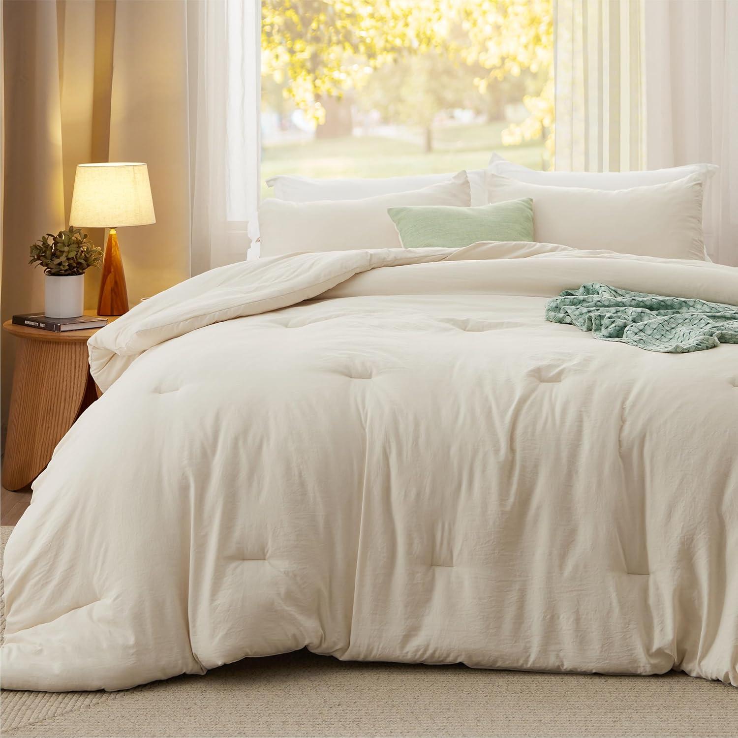 imageBedsure Queen Size Comforter Set Dark Green Soft Prewashed Bedding for All Seasons 3 Pieces GentleSoft Warm Down Alternative Bed Set 1 Lightweight Comforter 90quotx90quot and 2 Pillowcases 20quotx26quot05 Cream