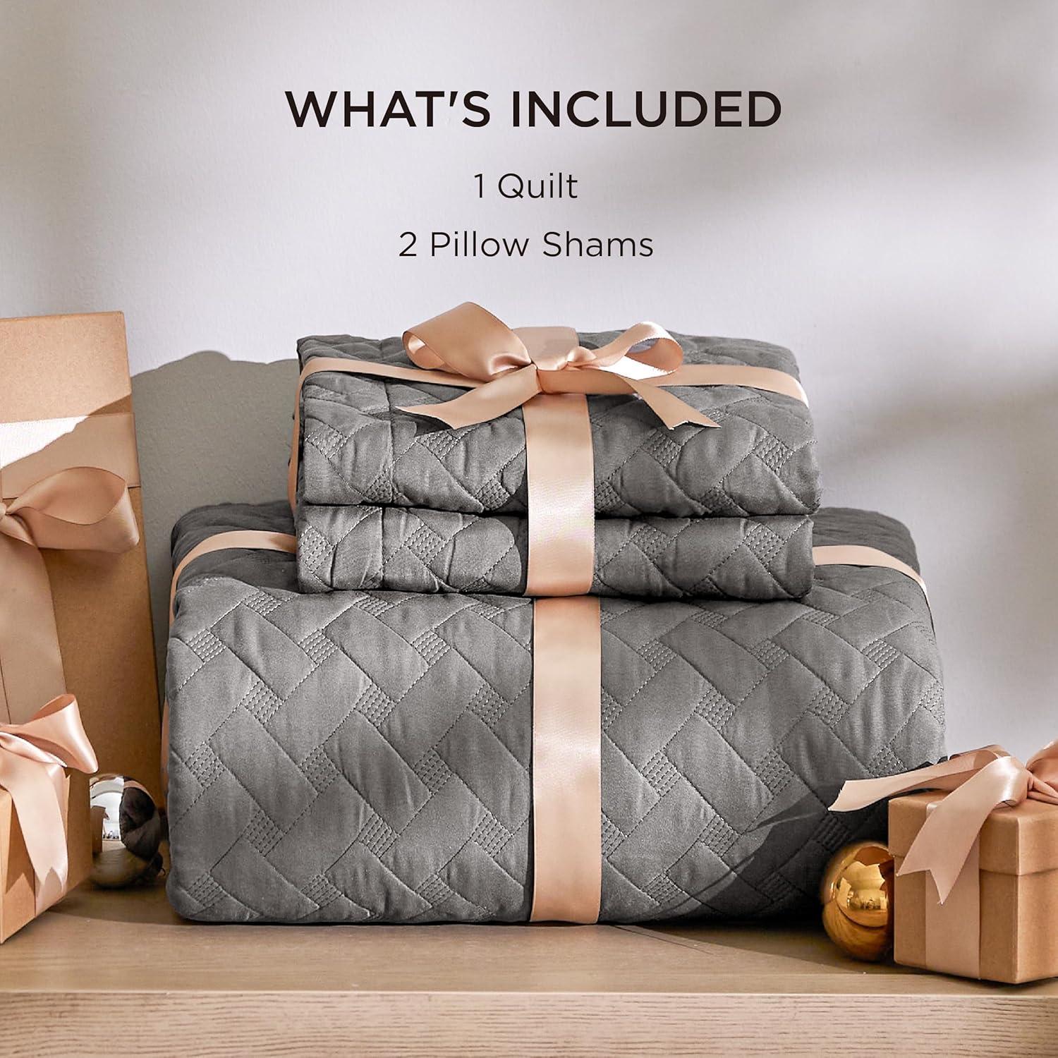 imageBedsure Quilts Queen Size Lightweight Bedspreads Queen Size with Basket Weave Pattern Soft Quilt Bedding Set Mineral Blue Comforter Set Coverlet for All Seasons with 2 Pillow Shams 90quot x 96quot00 Grey