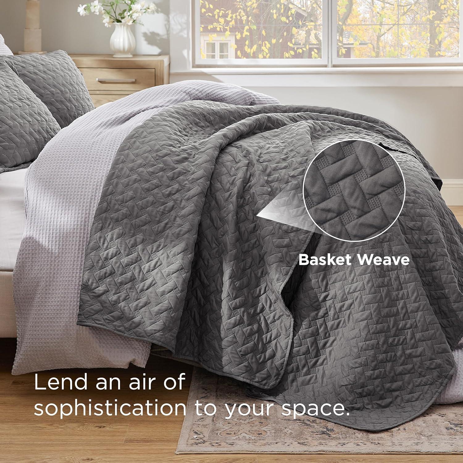 imageBedsure Quilts Queen Size Lightweight Bedspreads Queen Size with Basket Weave Pattern Soft Quilt Bedding Set Mineral Blue Comforter Set Coverlet for All Seasons with 2 Pillow Shams 90quot x 96quot00 Grey