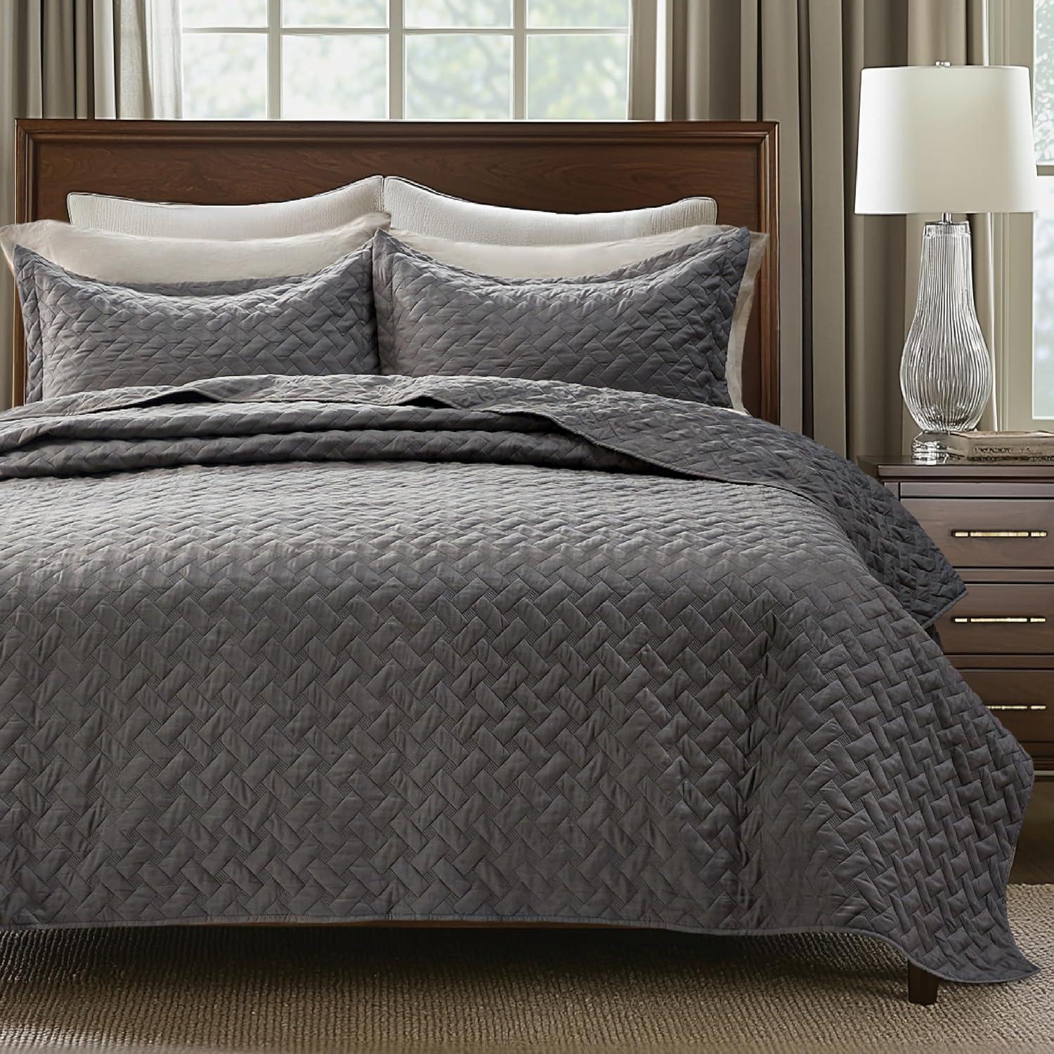 imageBedsure Quilts Queen Size Lightweight Bedspreads Queen Size with Basket Weave Pattern Soft Quilt Bedding Set Mineral Blue Comforter Set Coverlet for All Seasons with 2 Pillow Shams 90quot x 96quot00 Grey