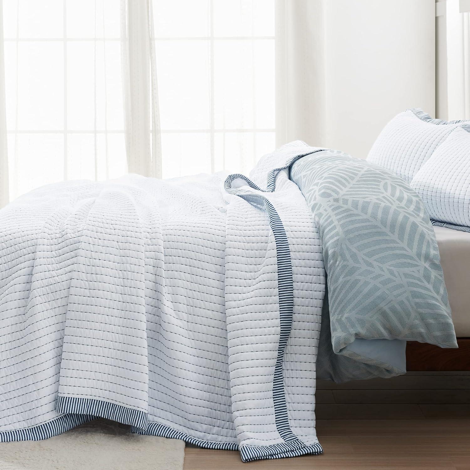 imageBedsure Quilts Queen Size Queen Quilt Bedding Set Bedspread Coverlet Comforter Lightweight Corduroy Pattern Bedspread 3Piece Set with 90quotx96quot Coverlet ampamp 2 Pillow Shams AllSeason Soft Microfiber04 White Striped Border
