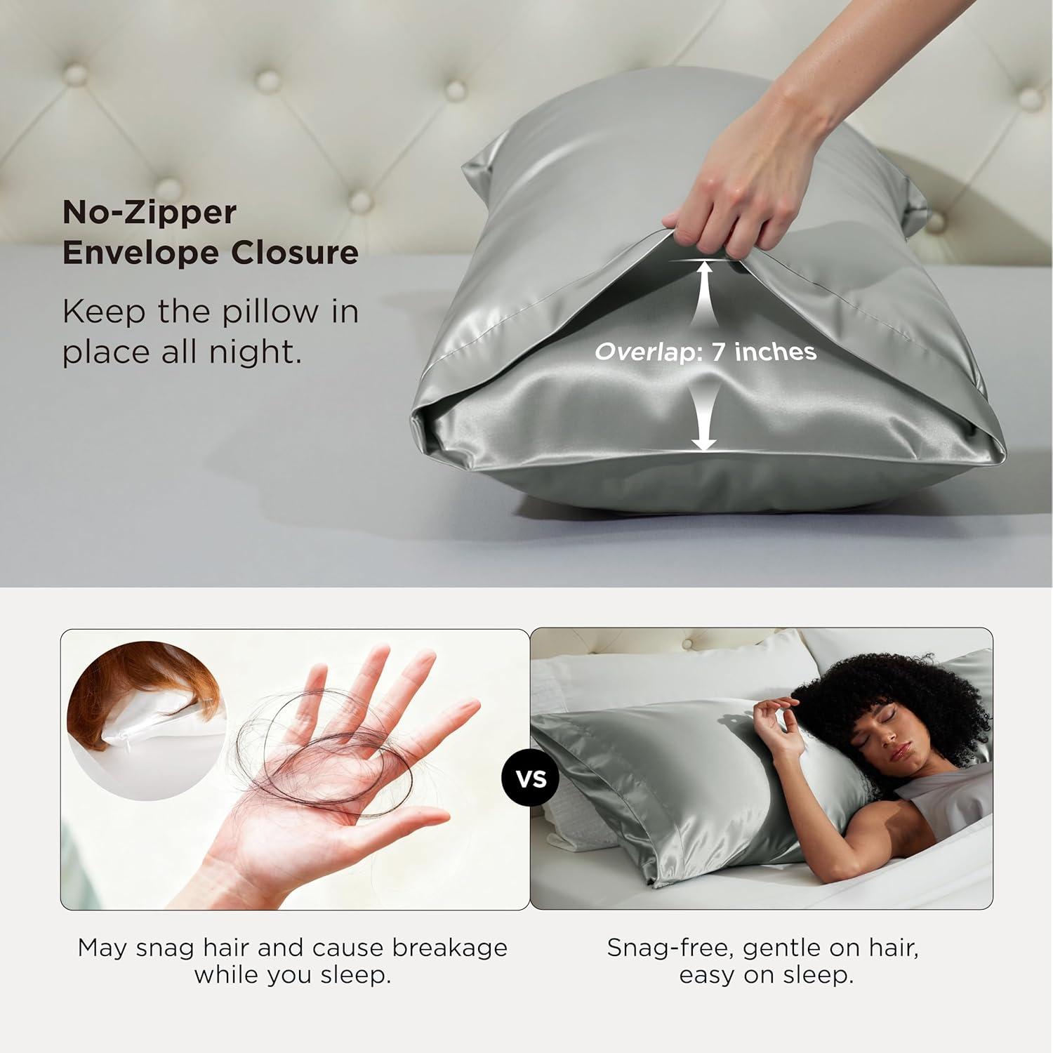 imageBedsure Satin Pillowcases Similar to Silk Pillow Cases Queen Size Set of 2 Pure White Cooling Pillow Case for Sleeping Women with Envelope Closure Gifts for Women Men 20x30 Inches 2pcs01 Silver Grey