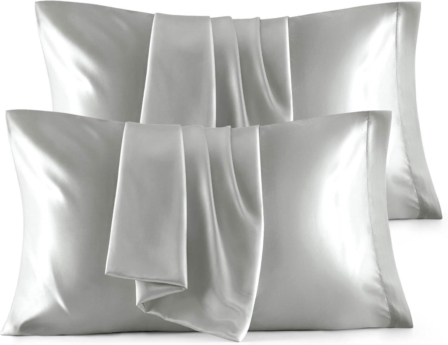 imageBedsure Satin Pillowcases Similar to Silk Pillow Cases Queen Size Set of 2 Pure White Cooling Pillow Case for Sleeping Women with Envelope Closure Gifts for Women Men 20x30 Inches 2pcs01 Silver Grey