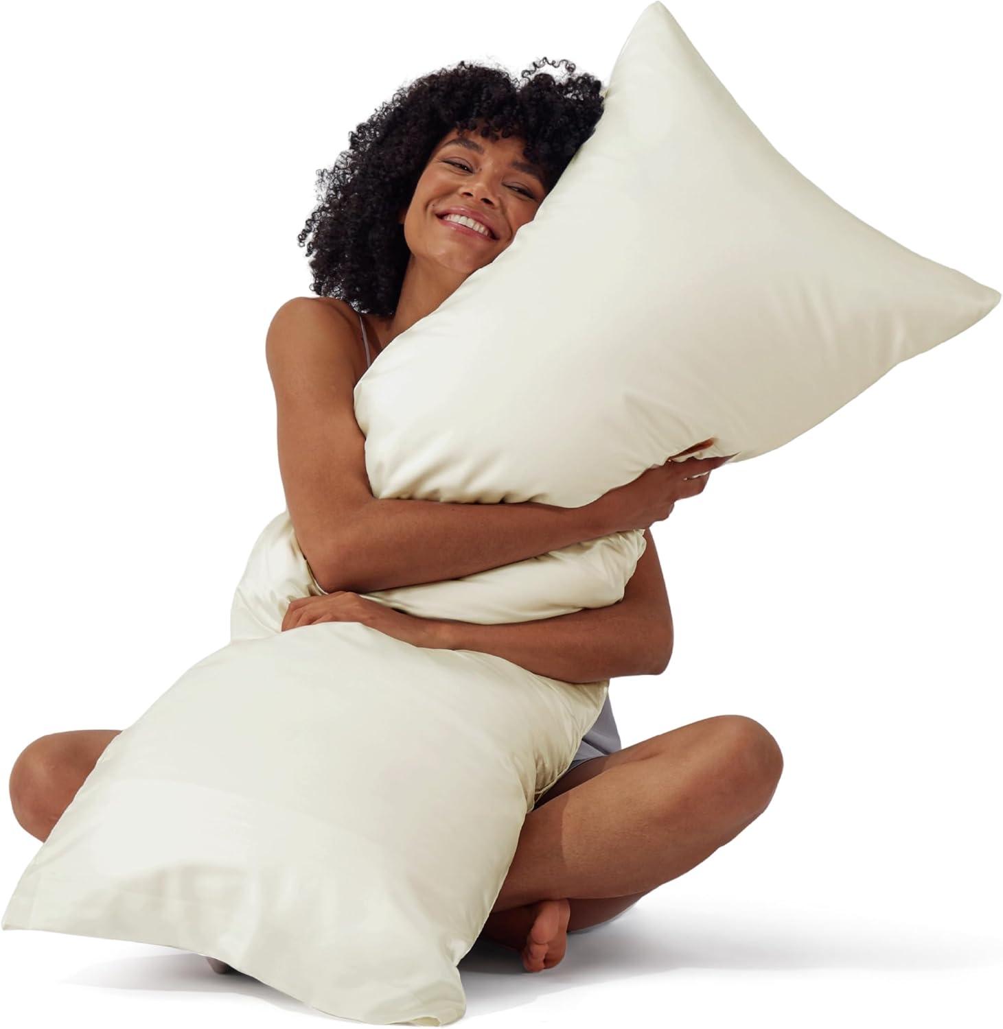 imageBedsure Satin Pillowcases Similar to Silk Pillow Cases Queen Size Set of 2 Pure White Cooling Pillow Case for Sleeping Women with Envelope Closure Gifts for Women Men 20x30 Inches 2pcs07 Ivory